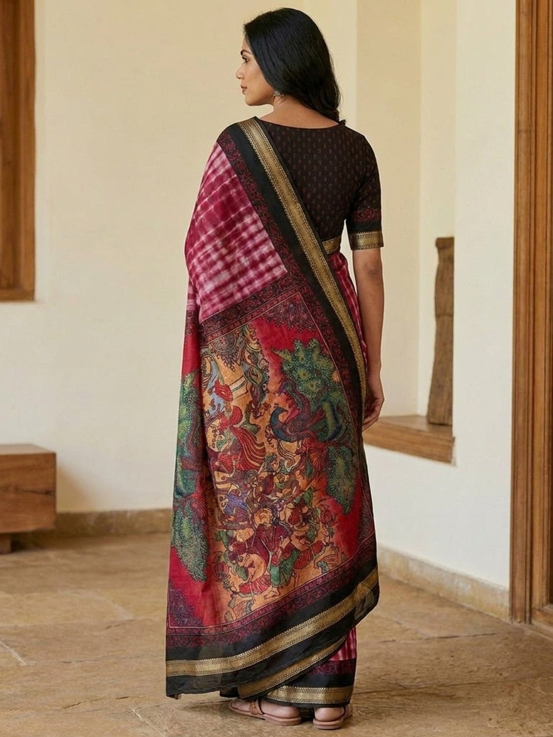 Peachmode Wine Tie Dye Printed Mul Cotton Saree - Image 5