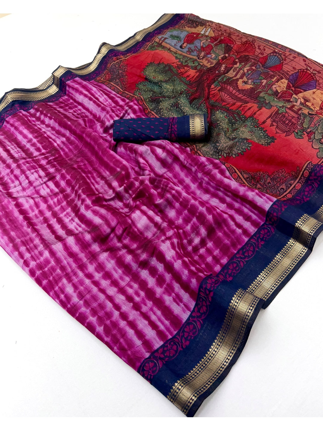 Peachmode Magenta Tie Dye Printed Mul Cotton Saree - Image 2
