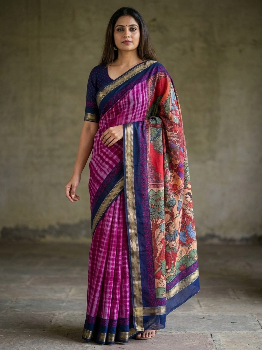 Peachmode Magenta Tie Dye Printed Mul Cotton Saree - Image 1