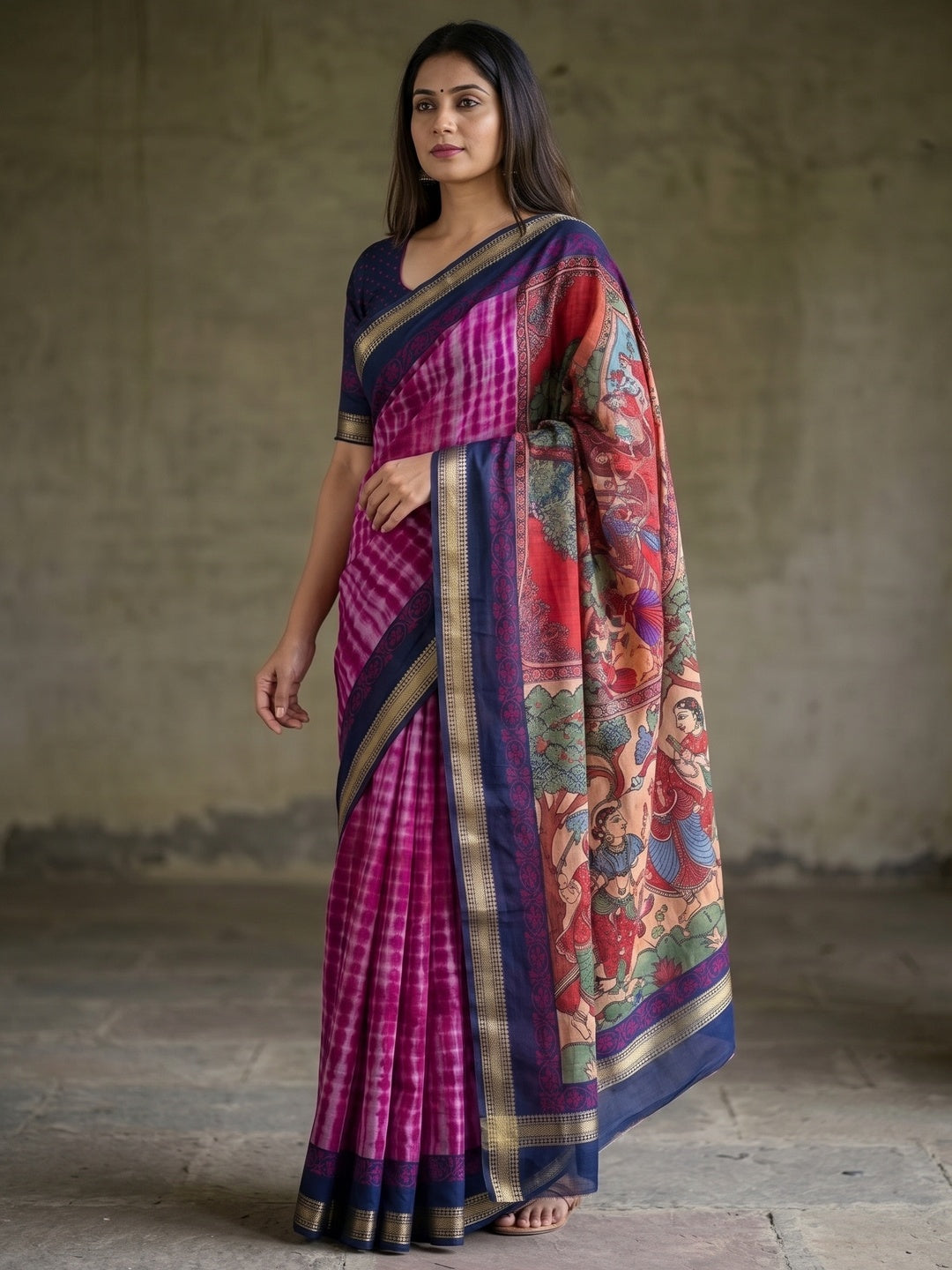 Peachmode Magenta Tie Dye Printed Mul Cotton Saree - Image 4