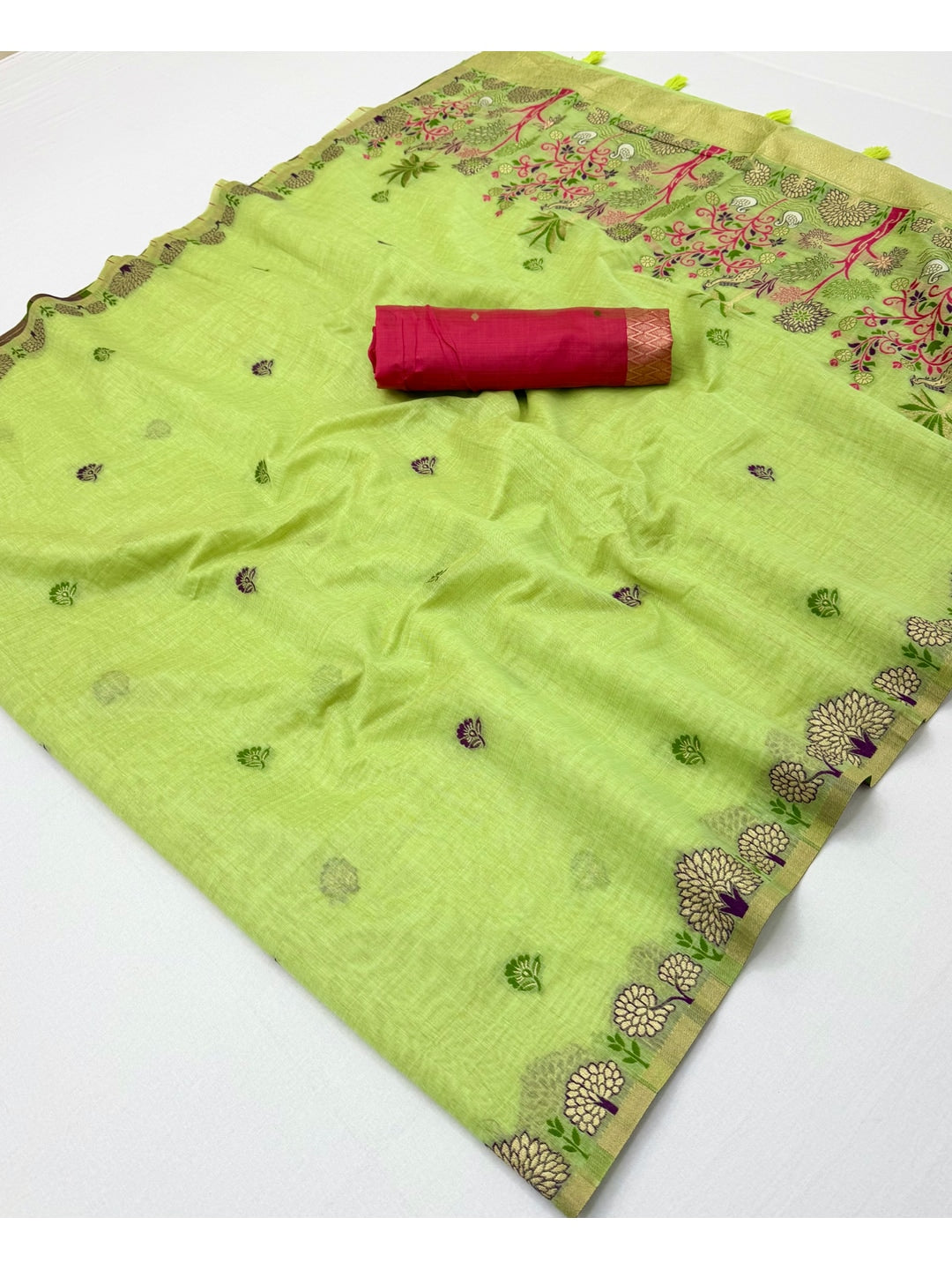 Peachmode Lime Green Woven Soft Chanderi Silk Saree - Image 2
