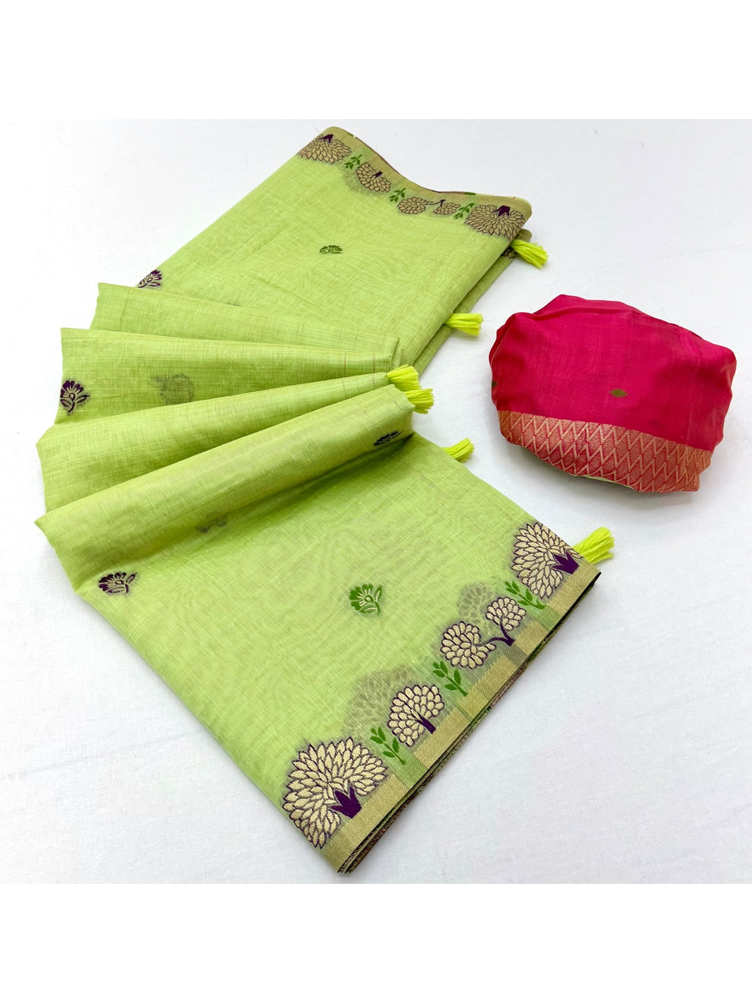 Peachmode Lime Green Woven Soft Chanderi Silk Saree - Image 3