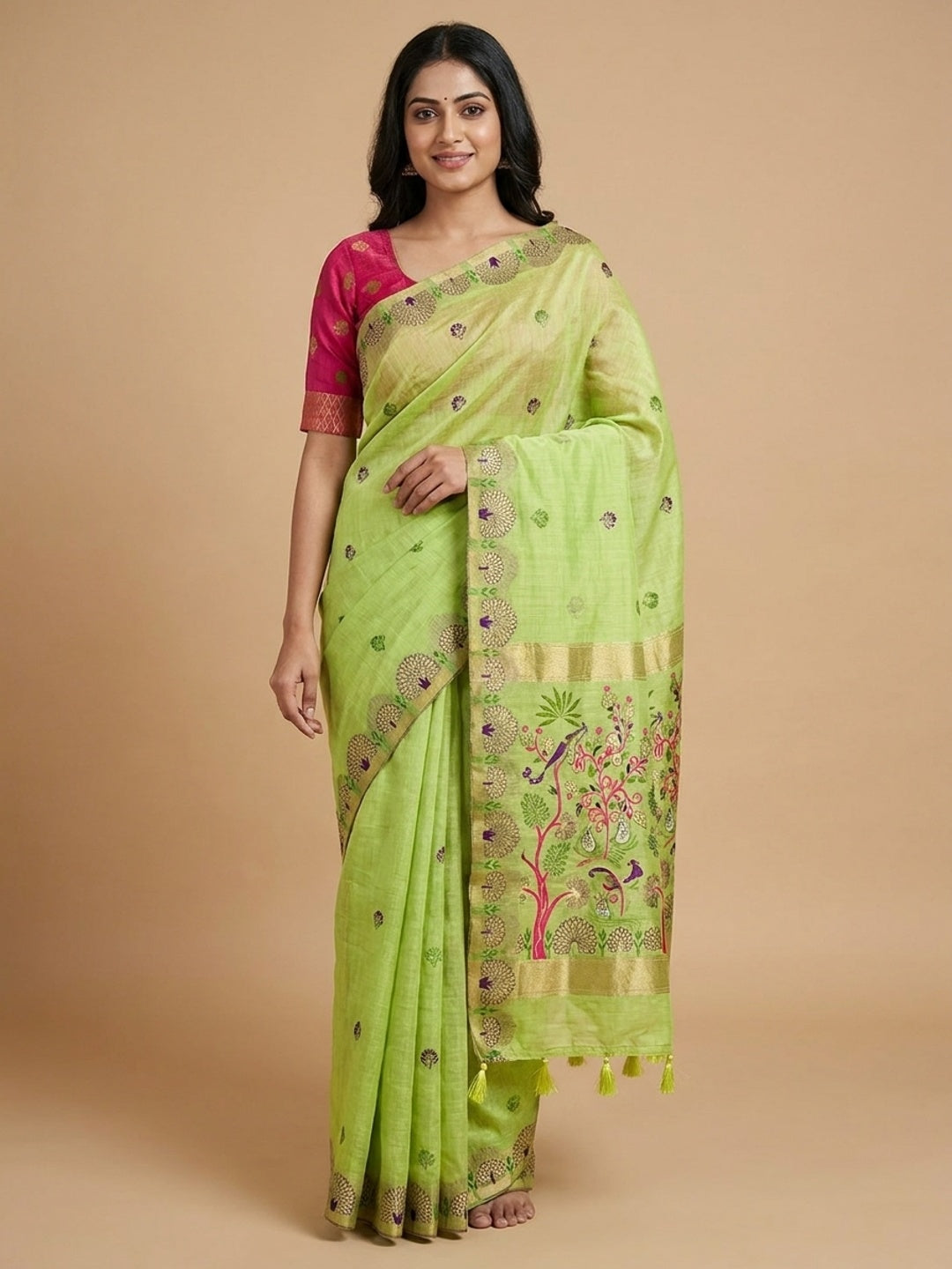Peachmode Lime Green Woven Soft Chanderi Silk Saree - Image 1
