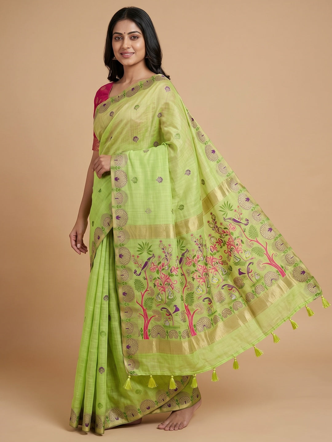 Peachmode Lime Green Woven Soft Chanderi Silk Saree - Image 4