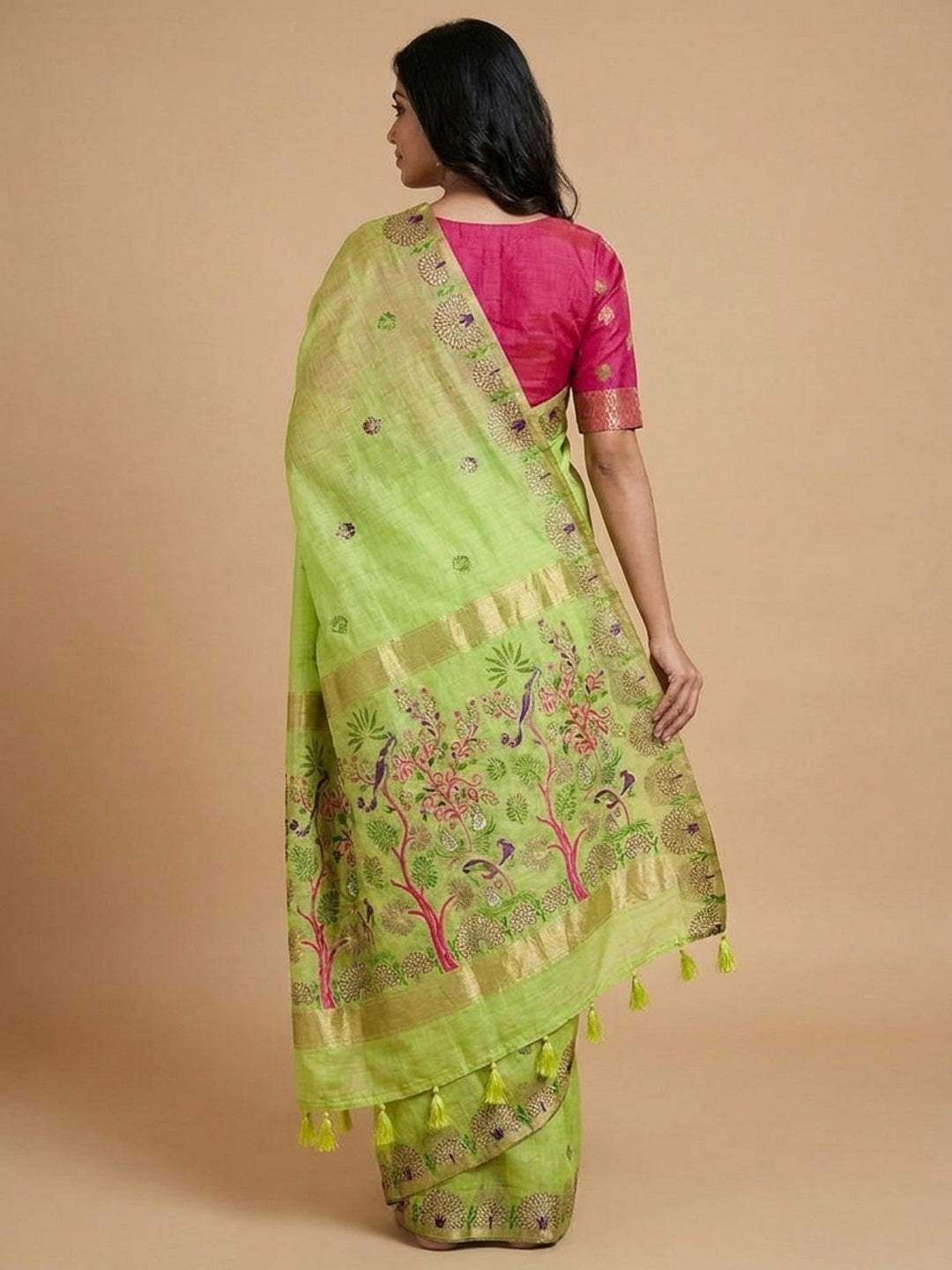 Peachmode Lime Green Woven Soft Chanderi Silk Saree - Image 5