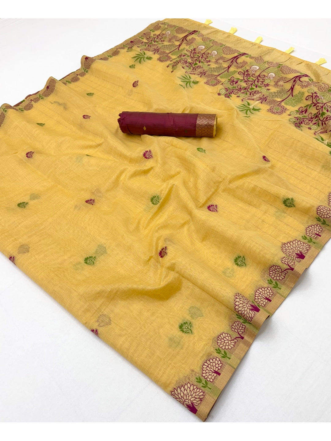Peachmode Yellow Woven Soft Chanderi Silk Saree - Image 2