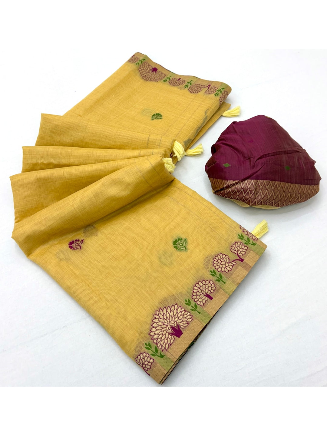 Peachmode Yellow Woven Soft Chanderi Silk Saree - Image 3