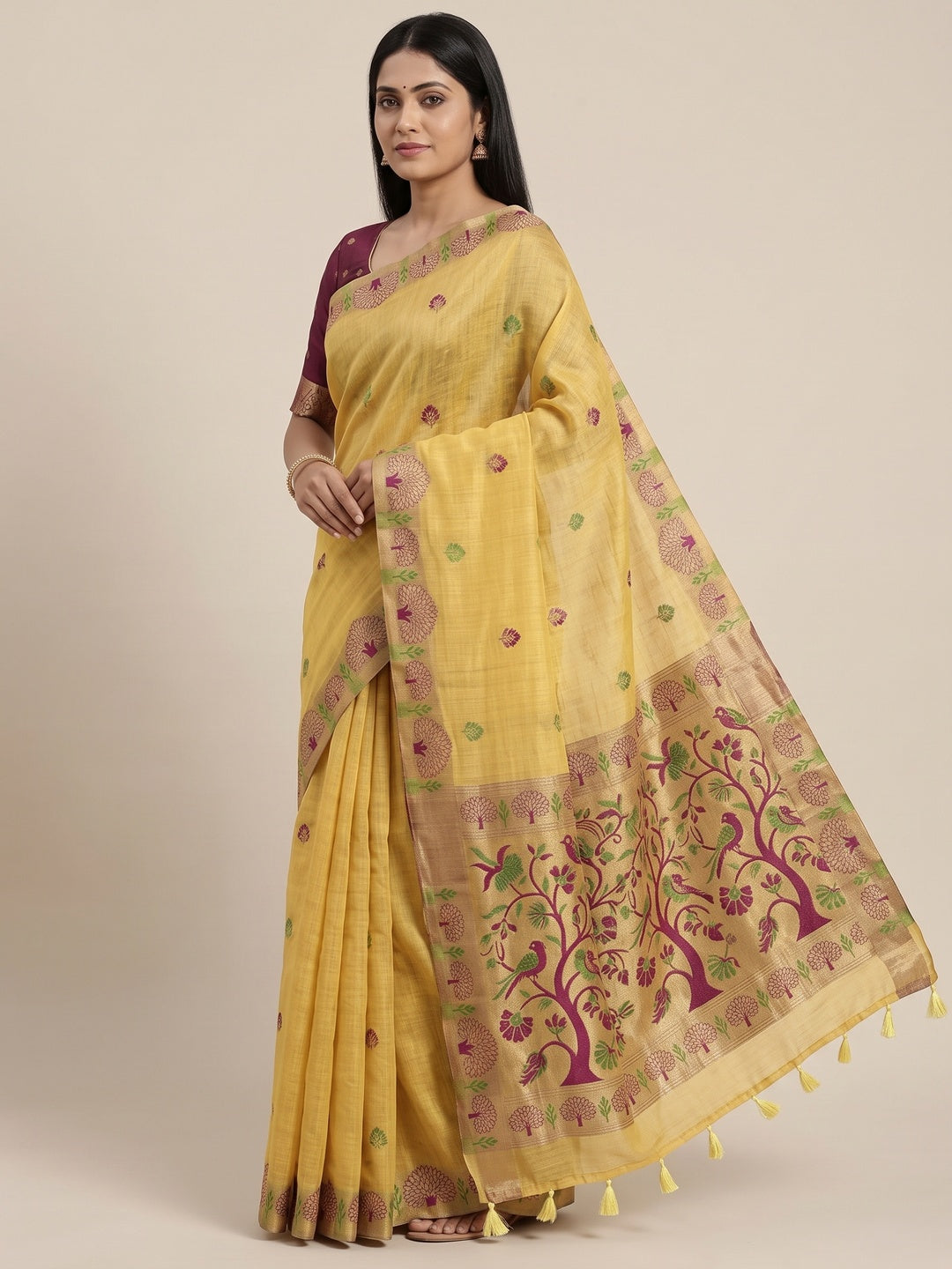 Peachmode Yellow Woven Soft Chanderi Silk Saree - Image 4