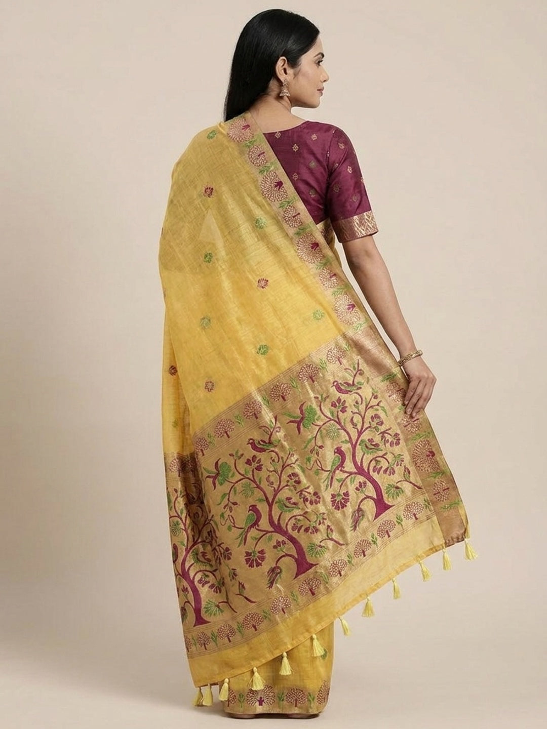 Peachmode Yellow Woven Soft Chanderi Silk Saree - Image 5