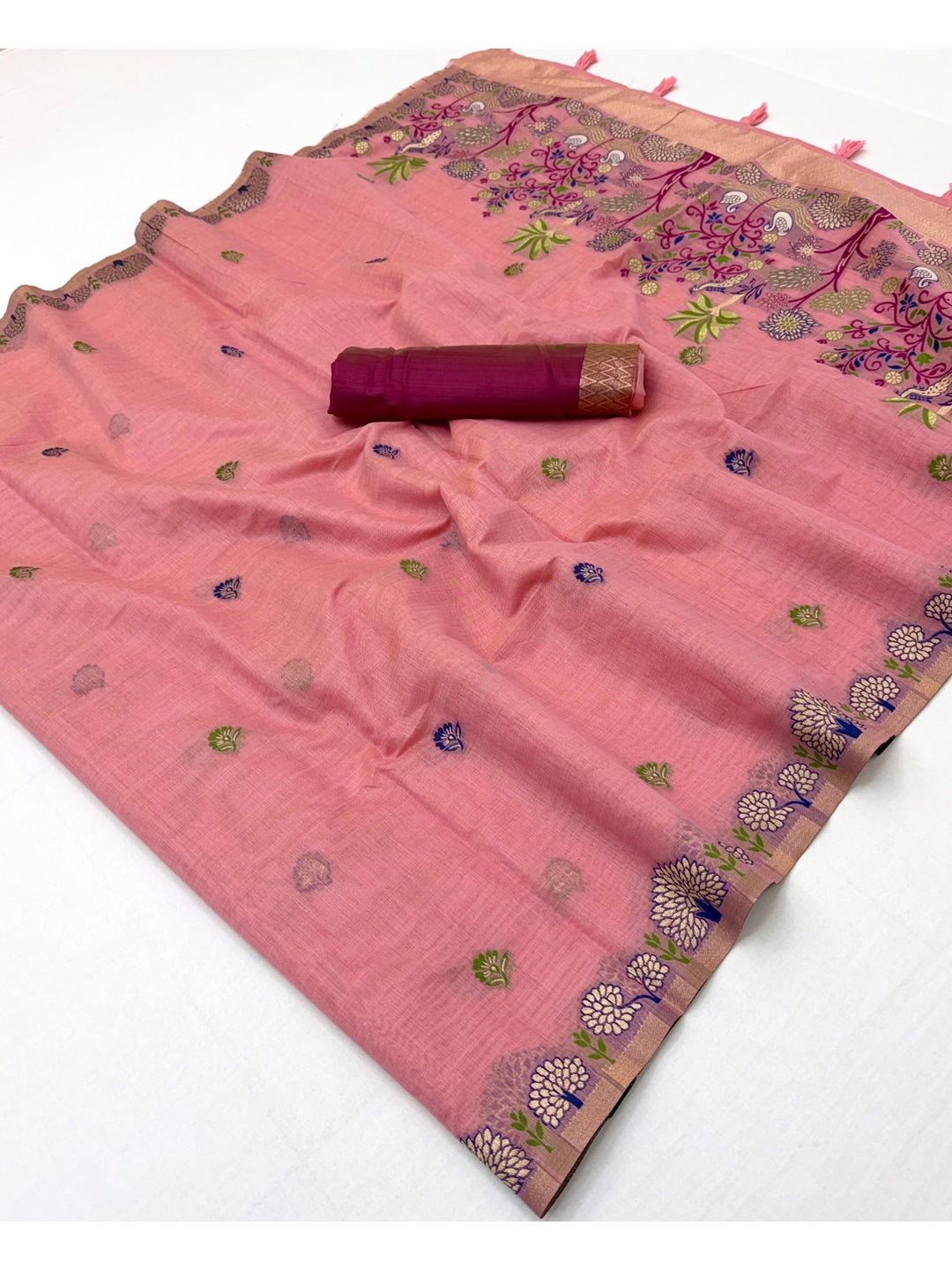 Peachmode Pink Woven Soft Chanderi Silk Saree - Image 2