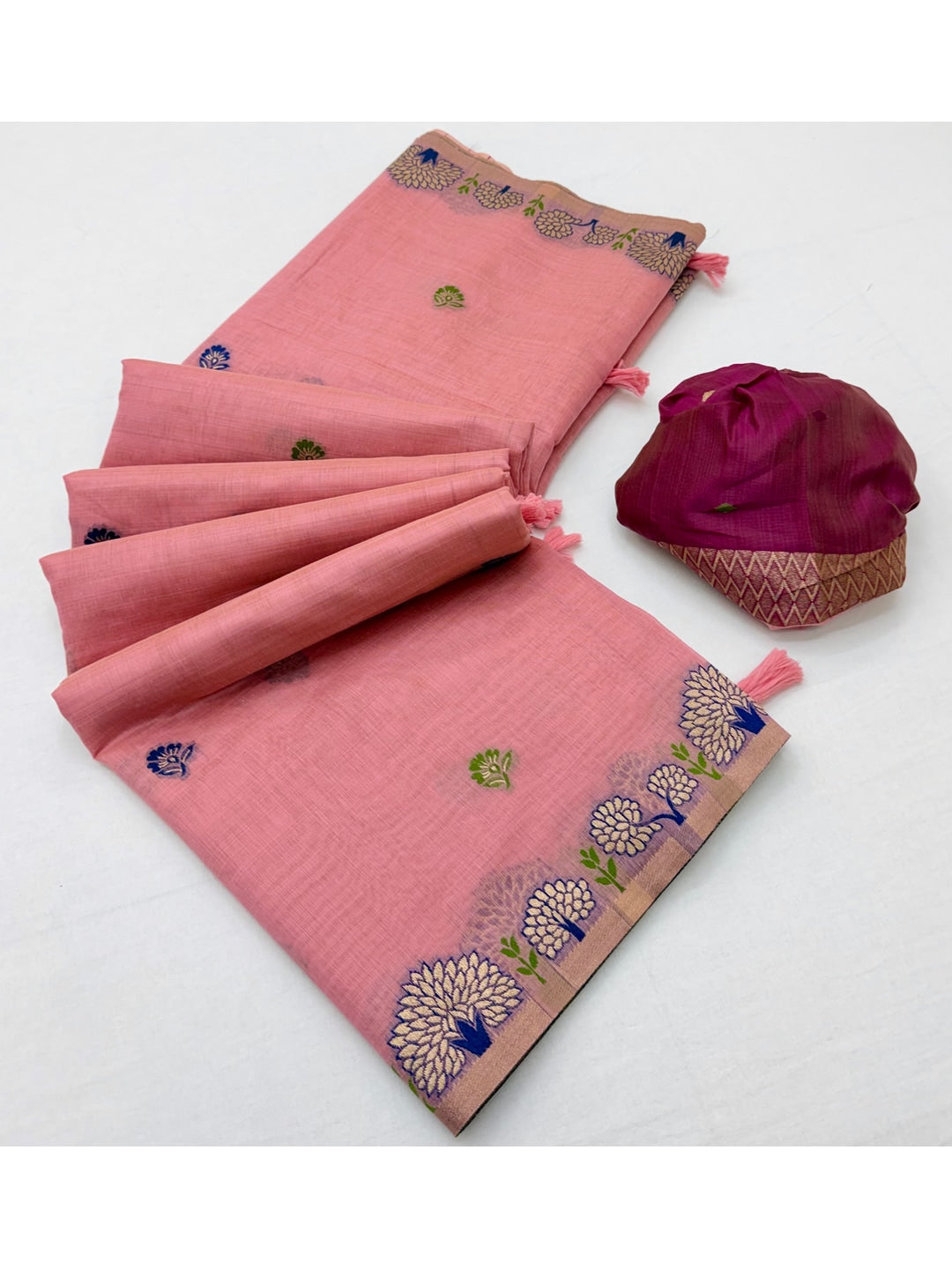 Peachmode Pink Woven Soft Chanderi Silk Saree - Image 3