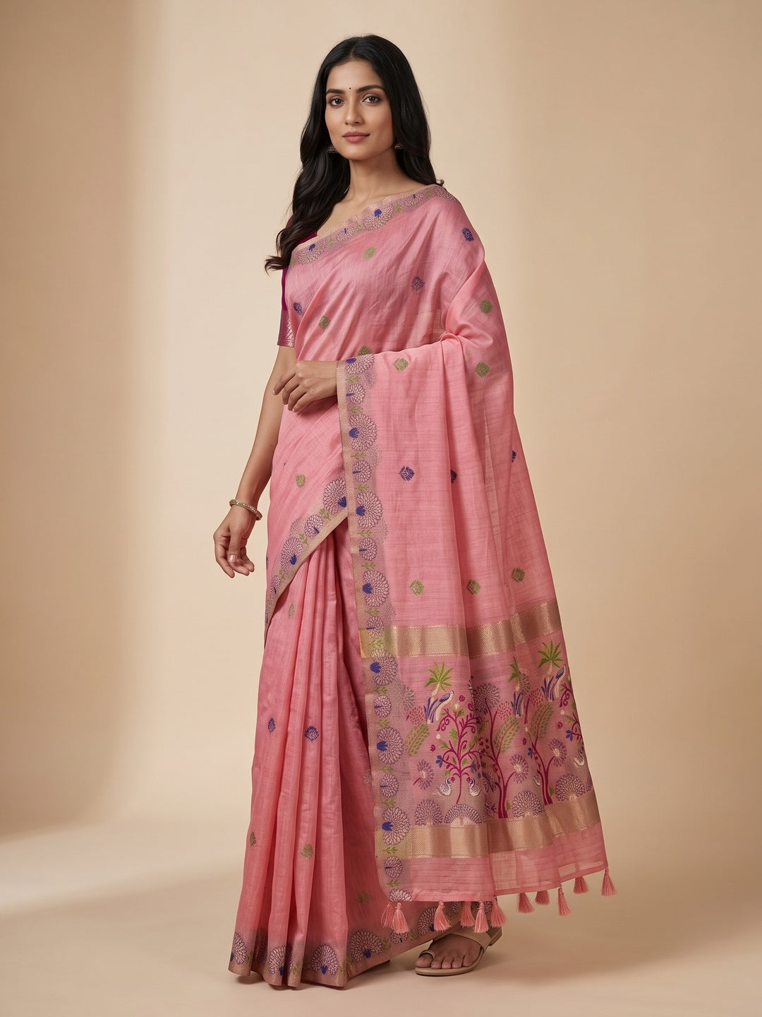 Peachmode Pink Woven Soft Chanderi Silk Saree - Image 4