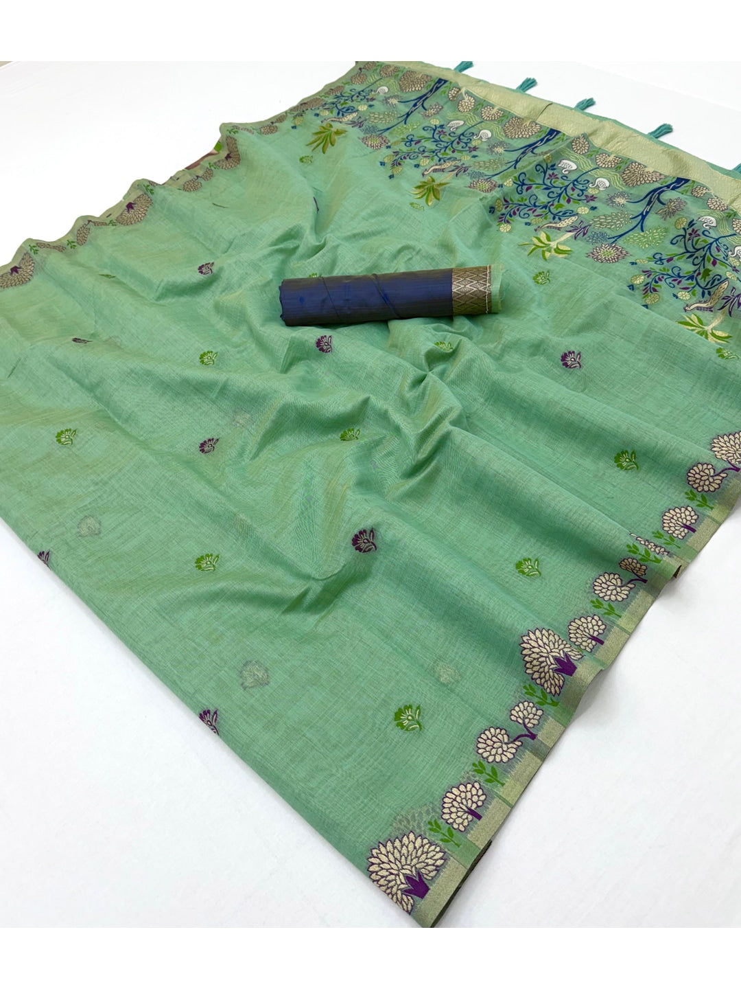 Peachmode Mint Green Woven Soft Chanderi Silk Saree - Image 2