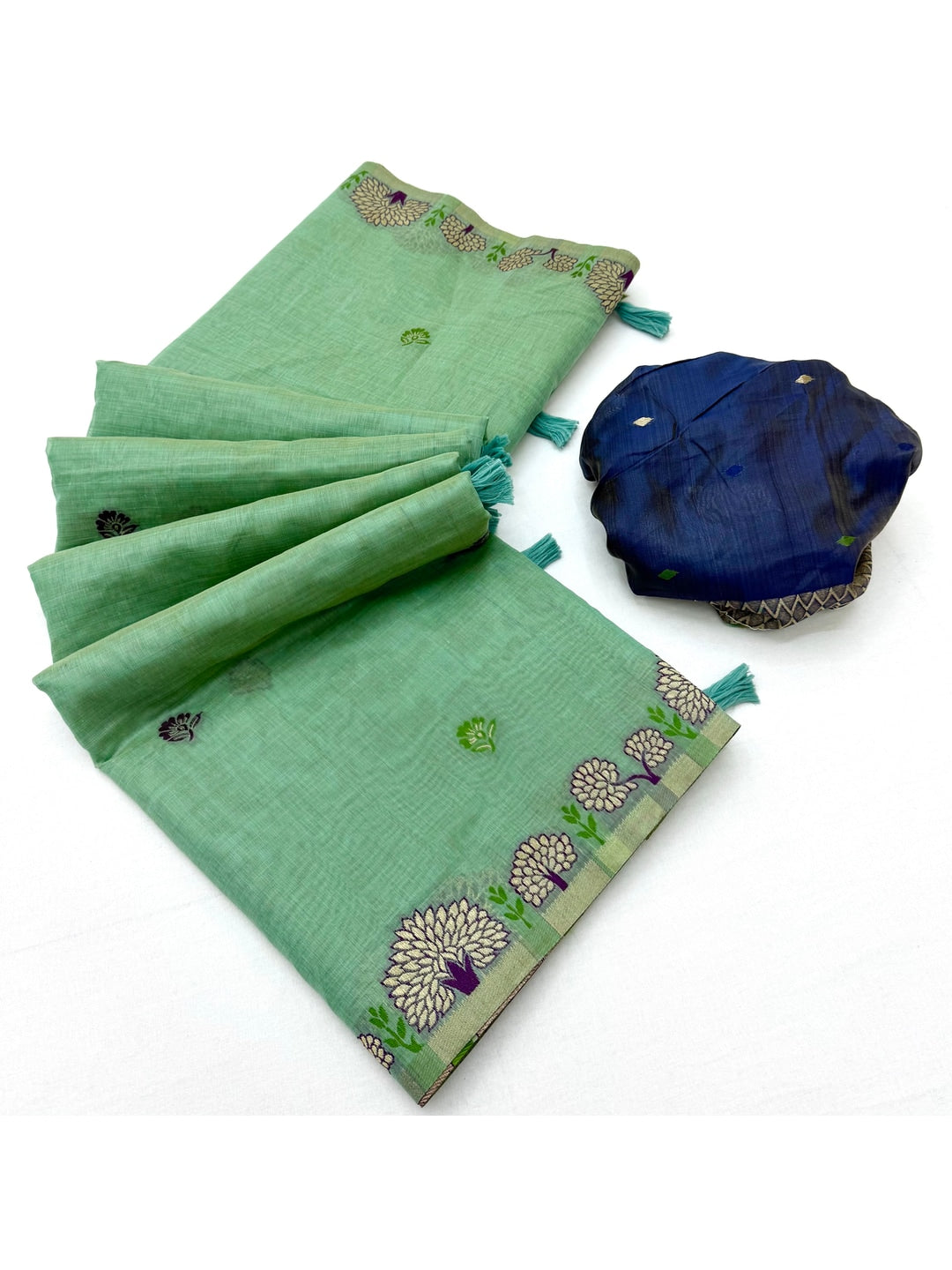 Peachmode Mint Green Woven Soft Chanderi Silk Saree - Image 3
