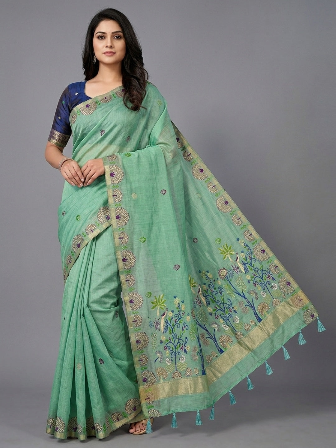 Peachmode Mint Green Woven Soft Chanderi Silk Saree - Image 1