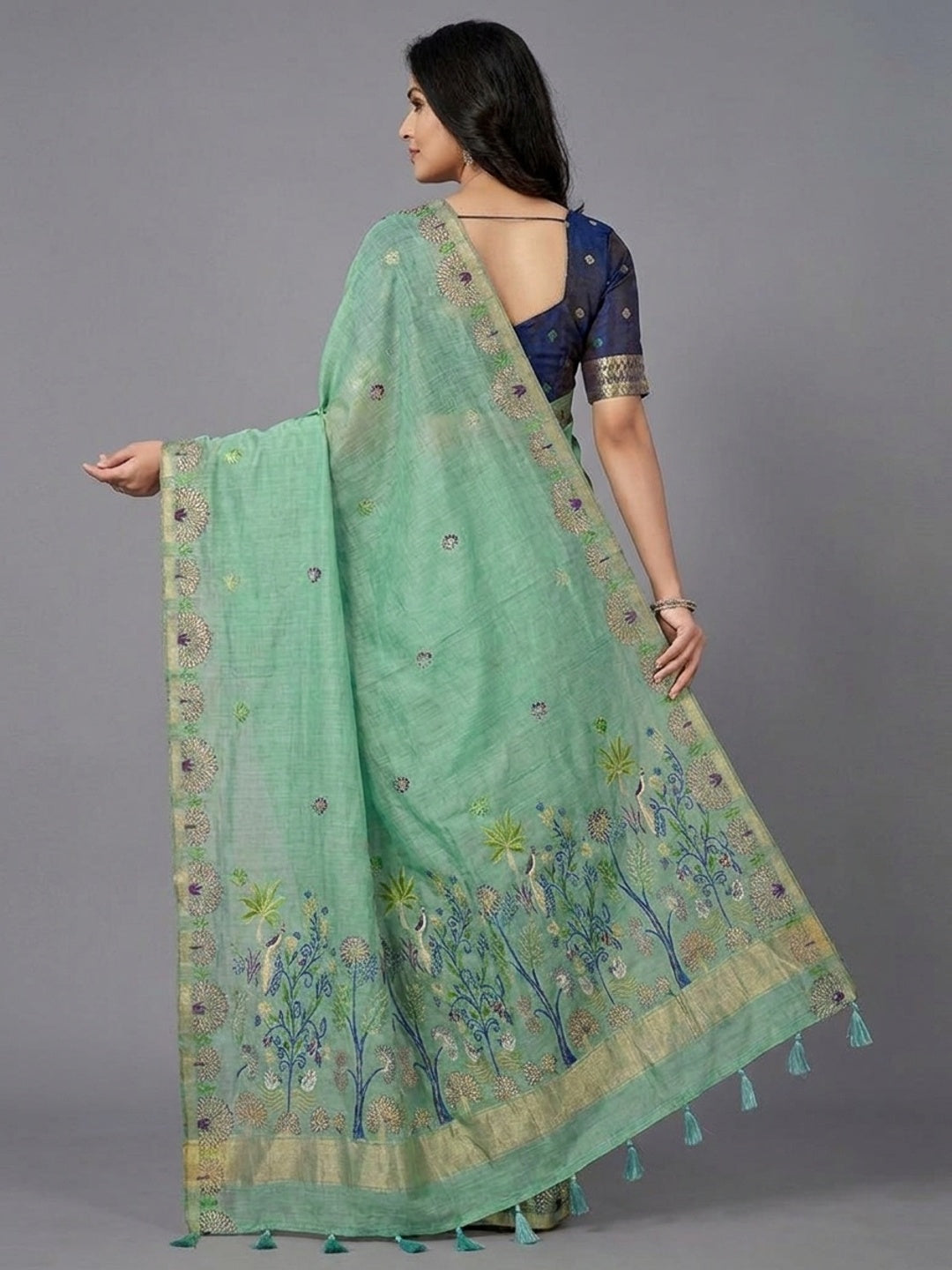 Peachmode Mint Green Woven Soft Chanderi Silk Saree - Image 5