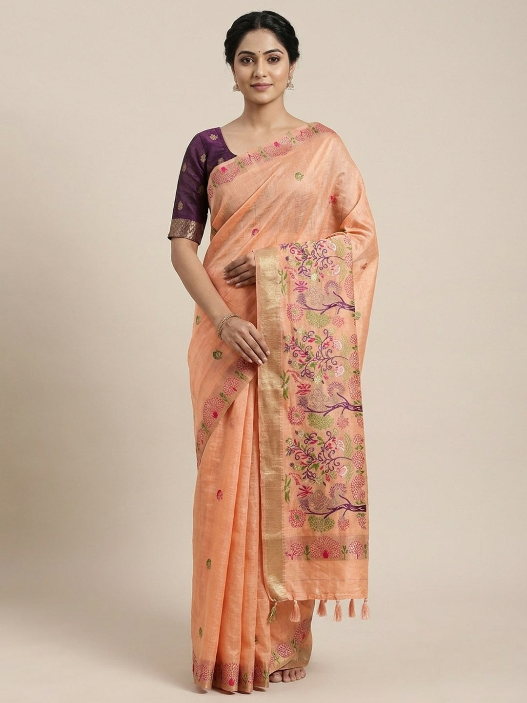 Peachmode Peach Woven Soft Chanderi Silk Saree - Image 1