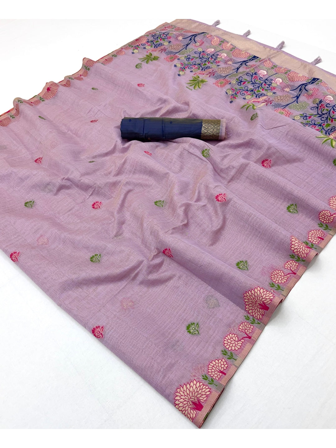 Peachmode Lavender Woven Soft Chanderi Silk Saree - Image 2