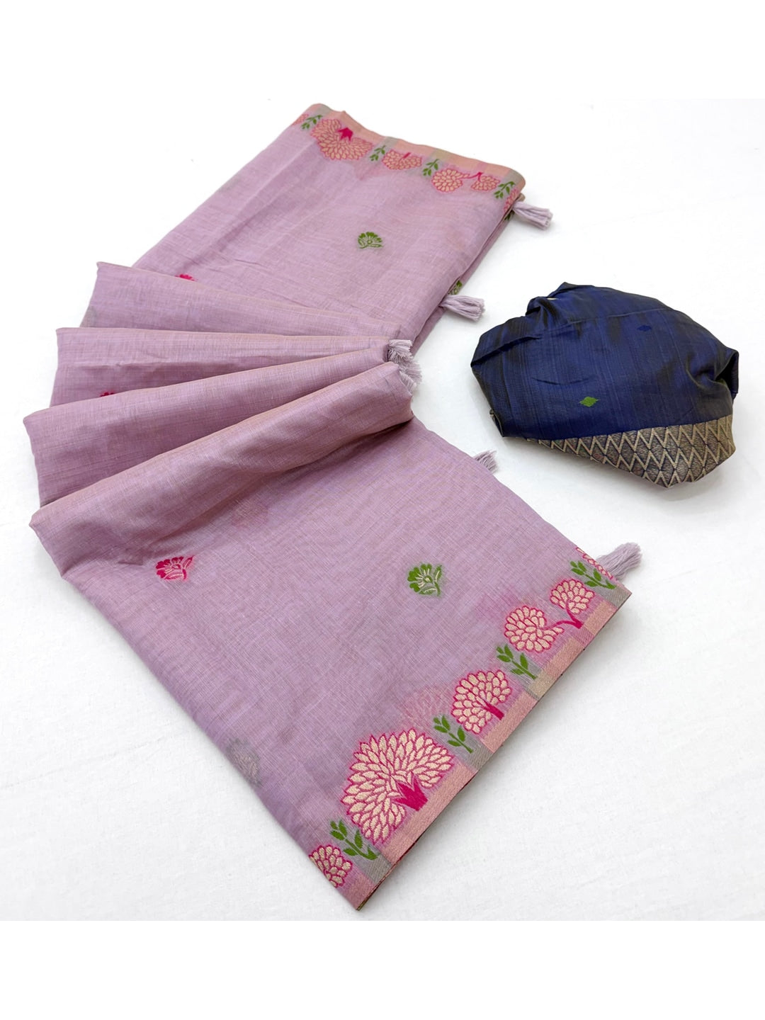 Peachmode Lavender Woven Soft Chanderi Silk Saree - Image 3