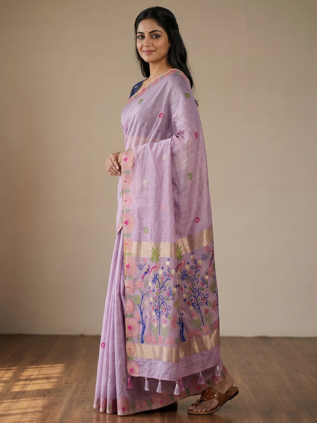 Peachmode Lavender Woven Soft Chanderi Silk Saree - Image 4