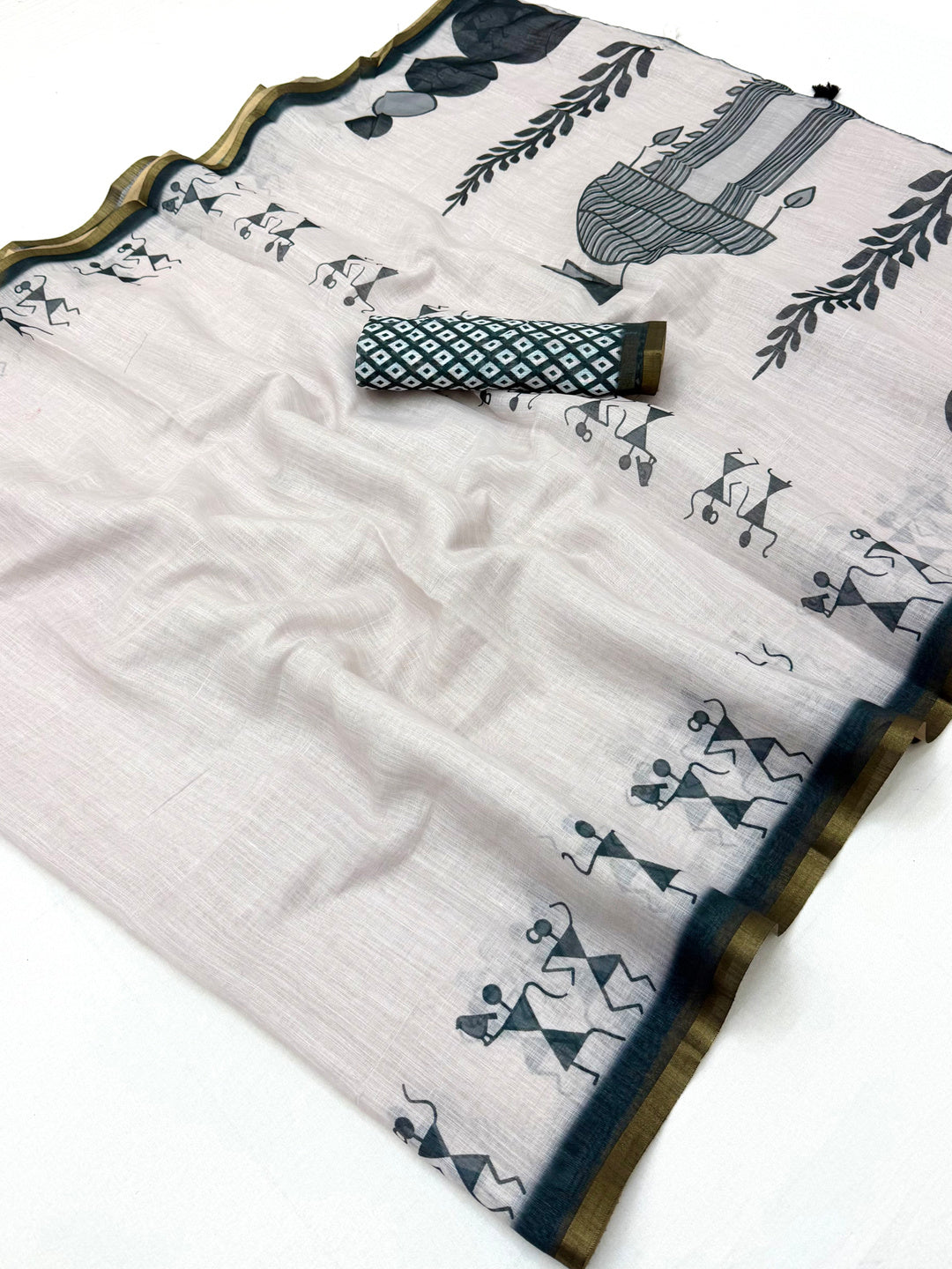 Peachmode Grey Linen Striped Saree - Image 1