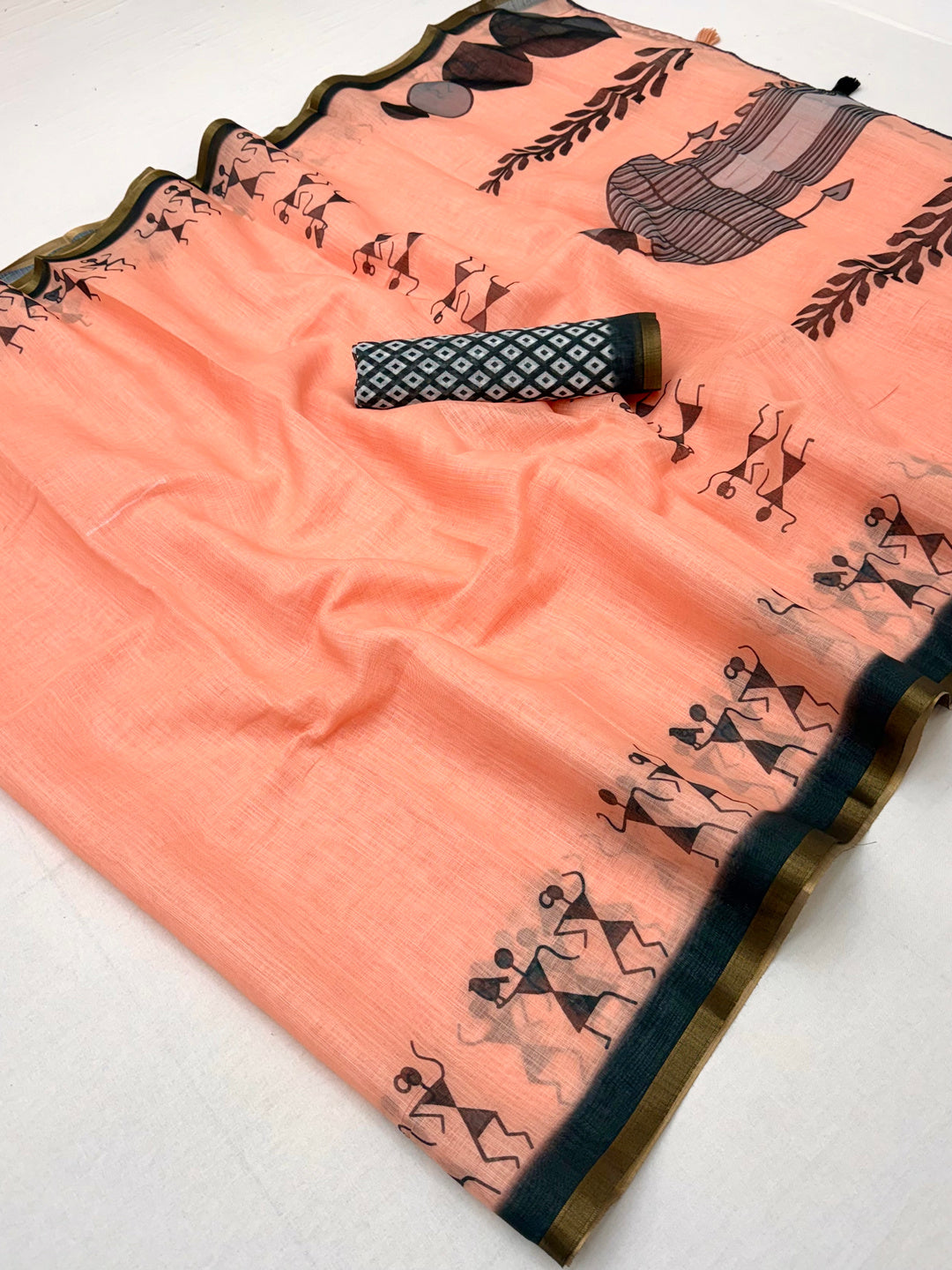 Peachmode Peach Linen Striped Saree - Image 1