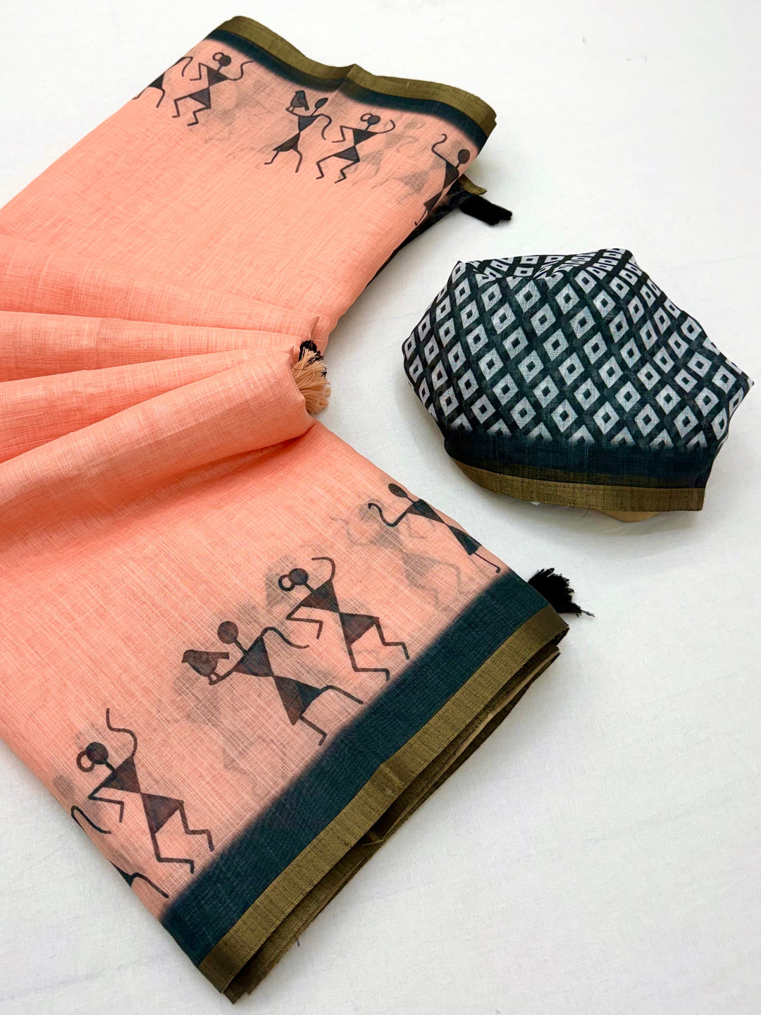 Peachmode Peach Linen Striped Saree - Image 2