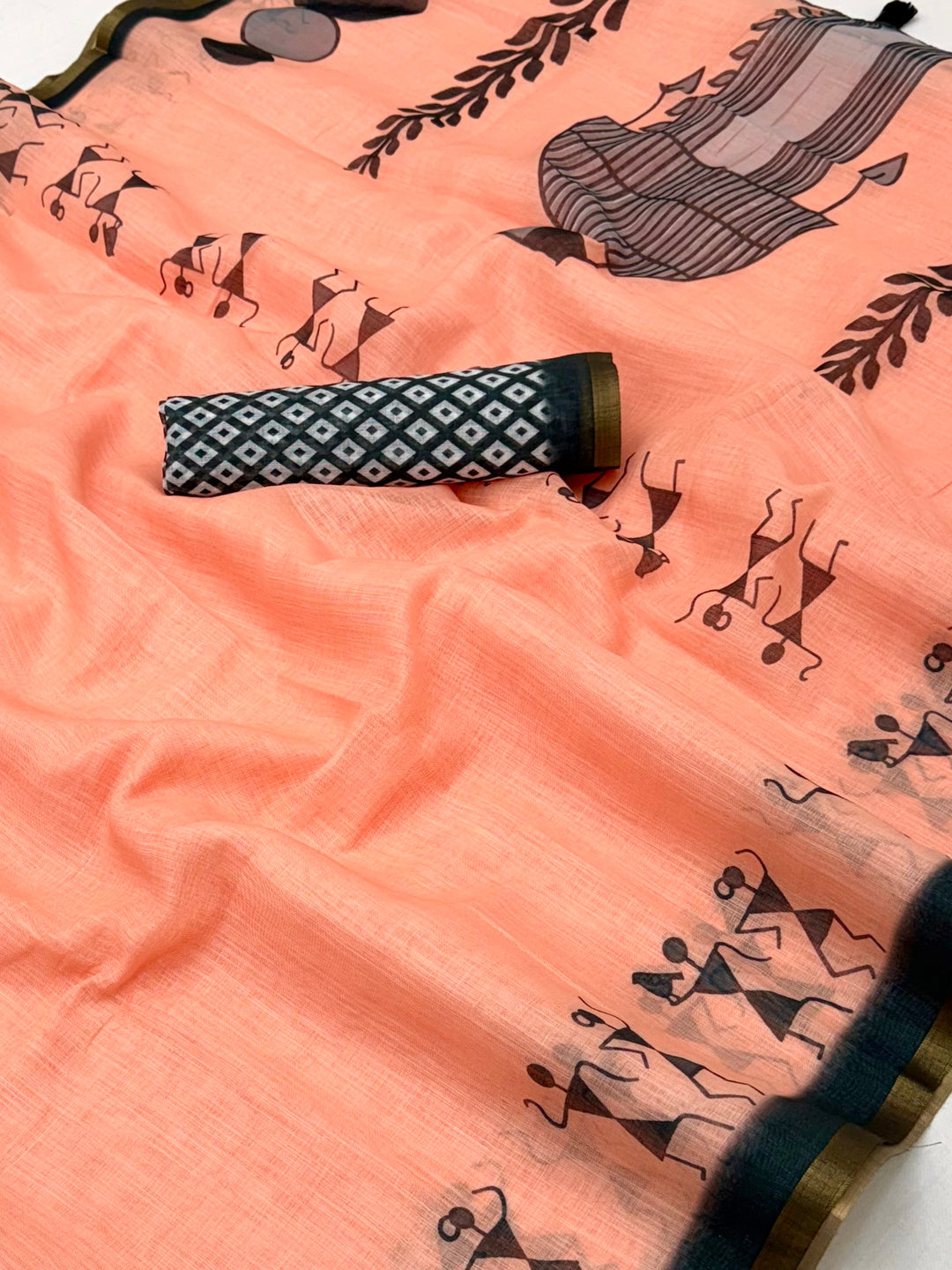 Peachmode Peach Linen Striped Saree - Image 3