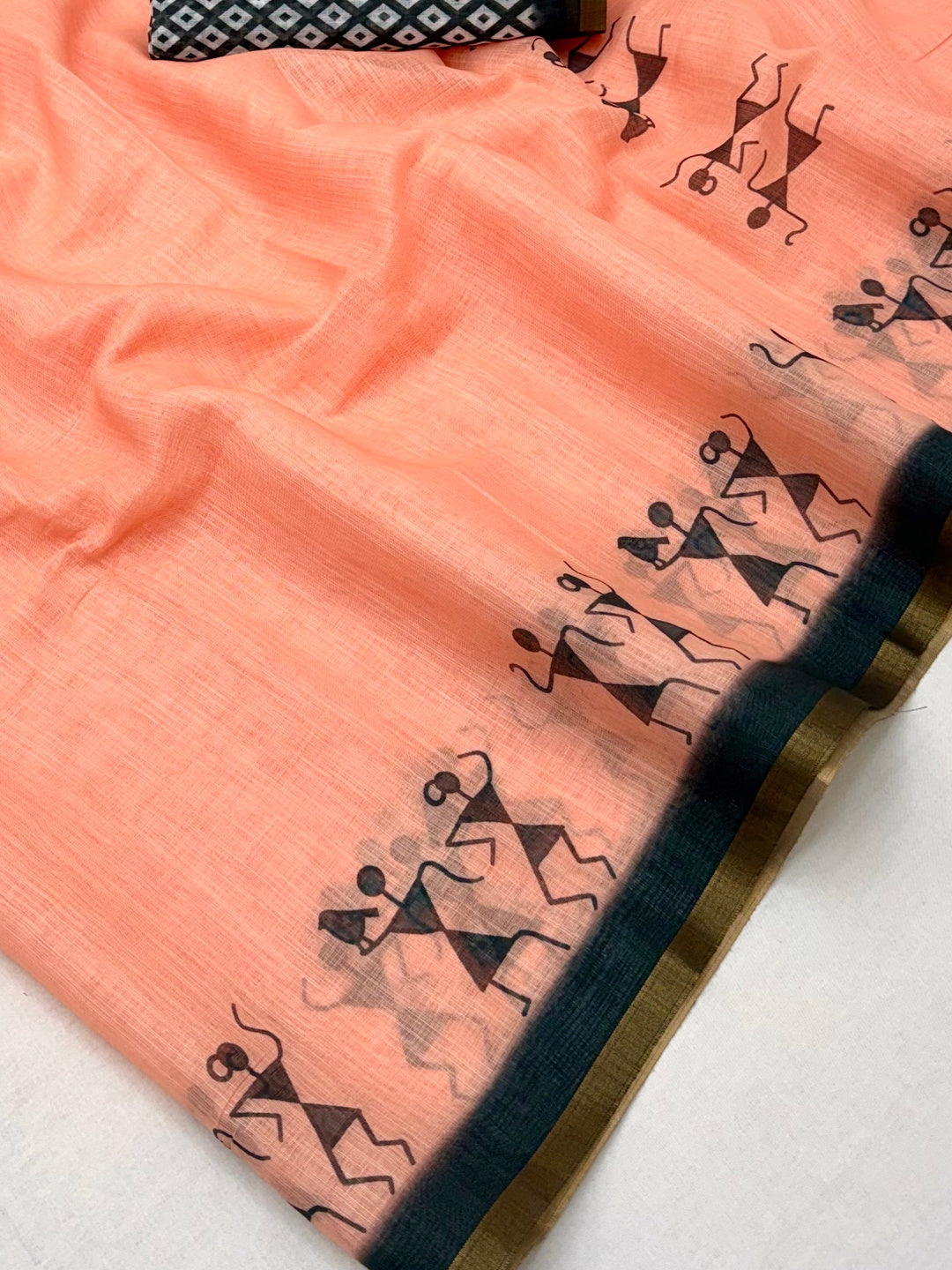 Peachmode Peach Linen Striped Saree - Image 5