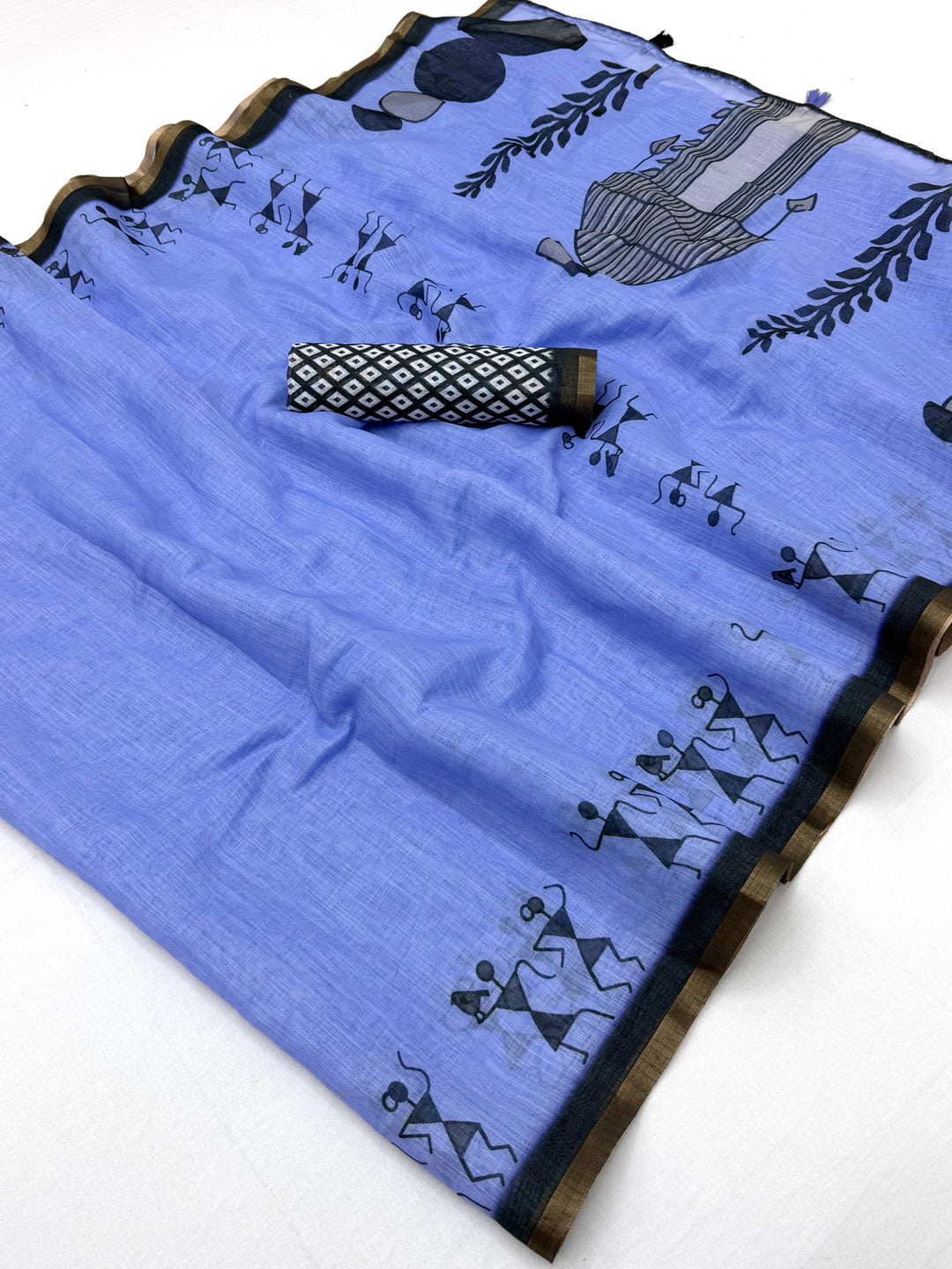 Peachmode Blue Linen Striped Saree - Image 1