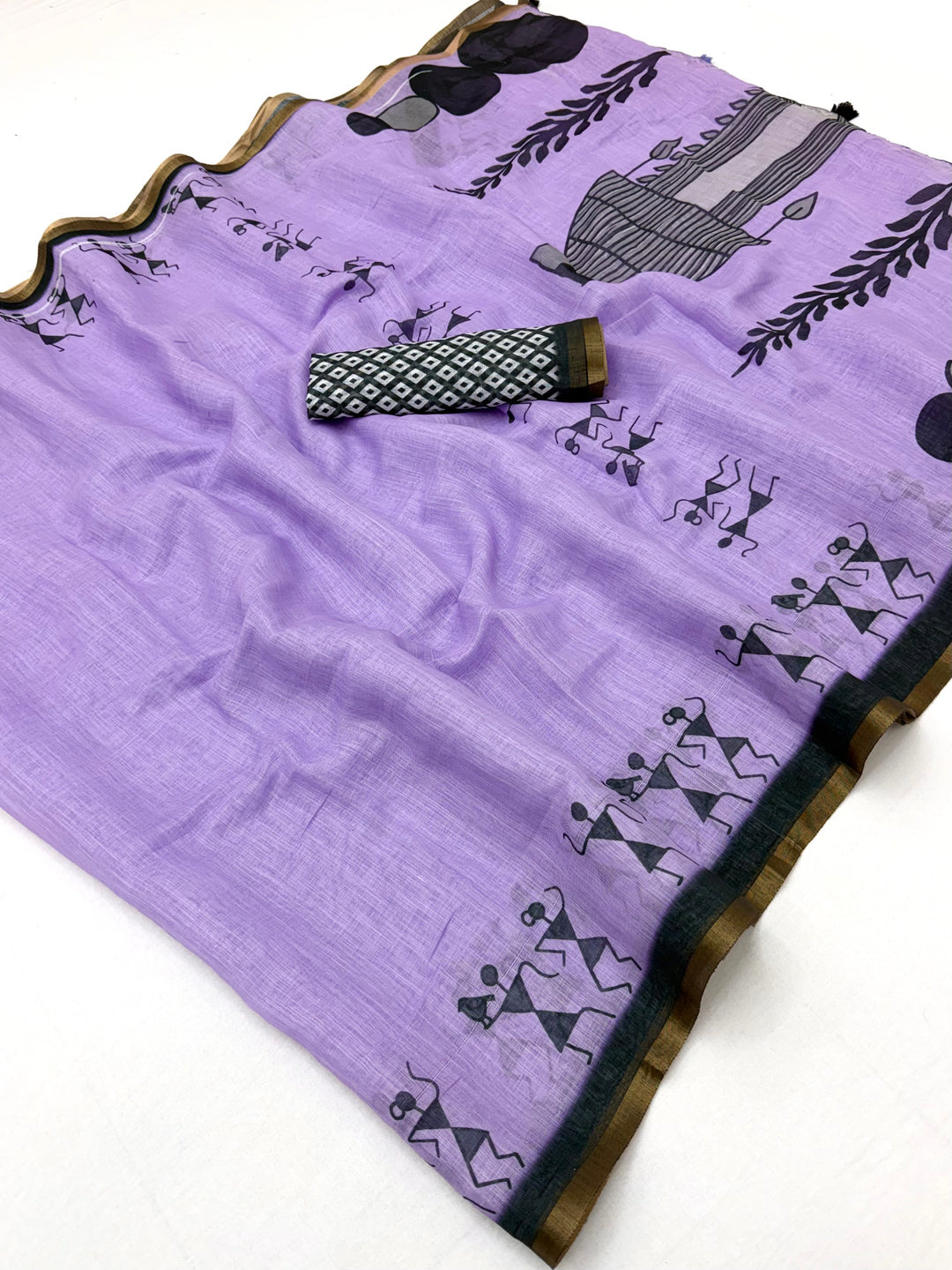 Peachmode Purple Linen Striped Saree - Image 1