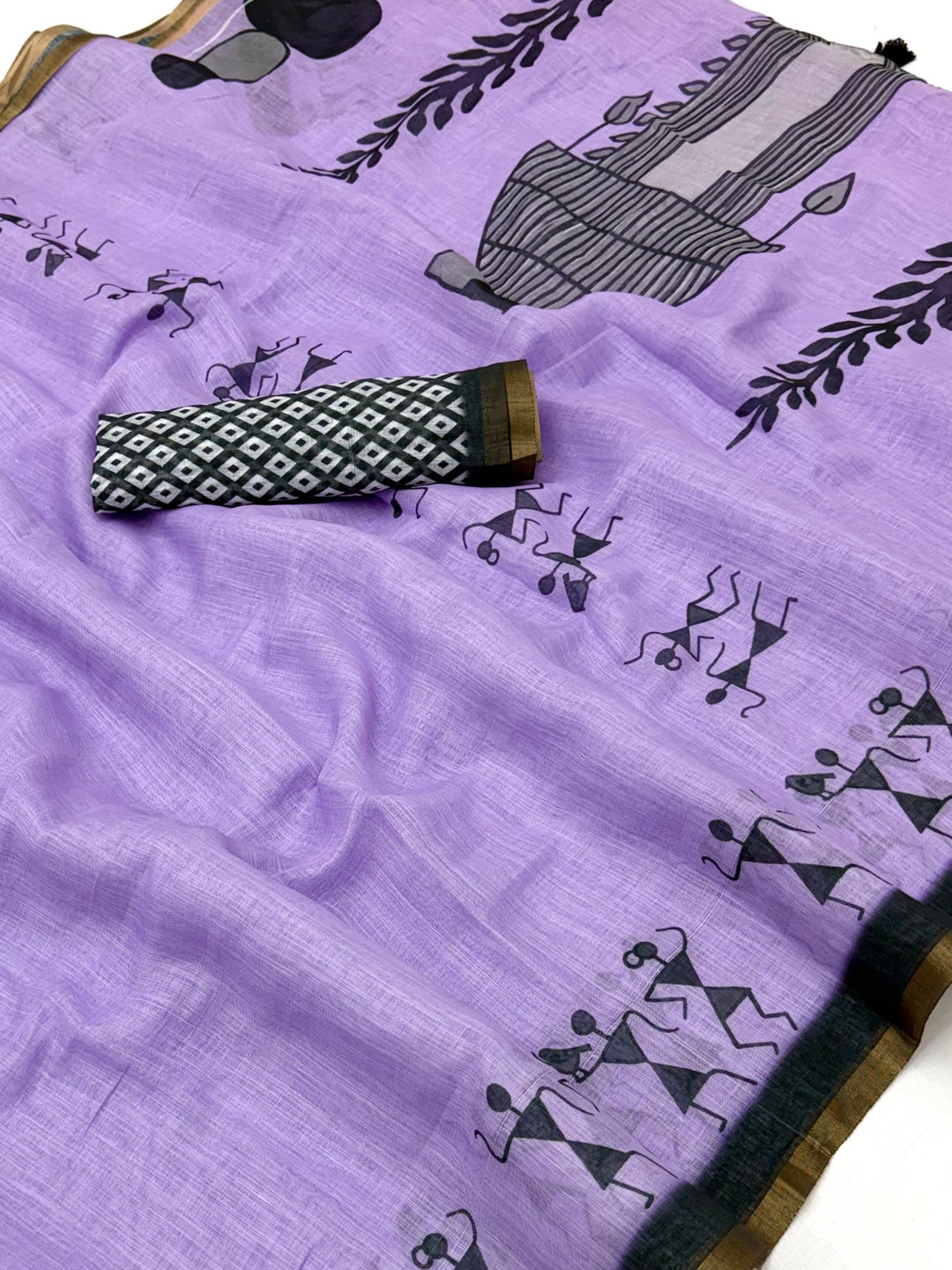 Peachmode Purple Linen Striped Saree - Image 3