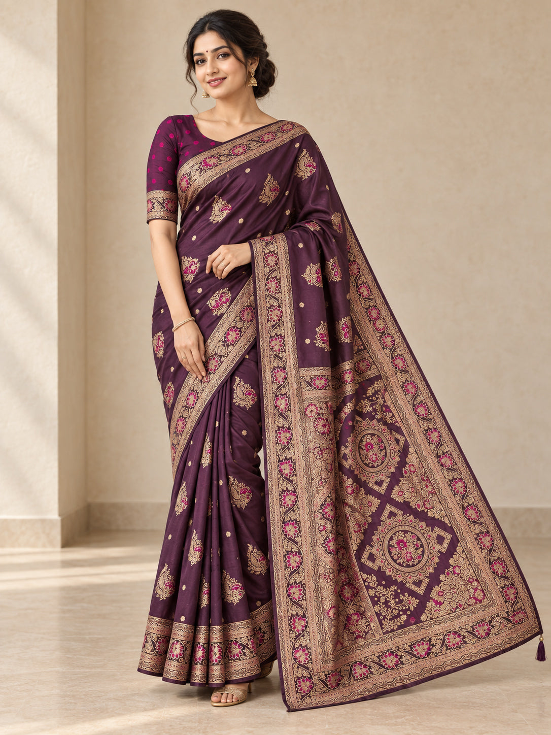Peachmode Wine Art Silk Woven Saree - Image 2