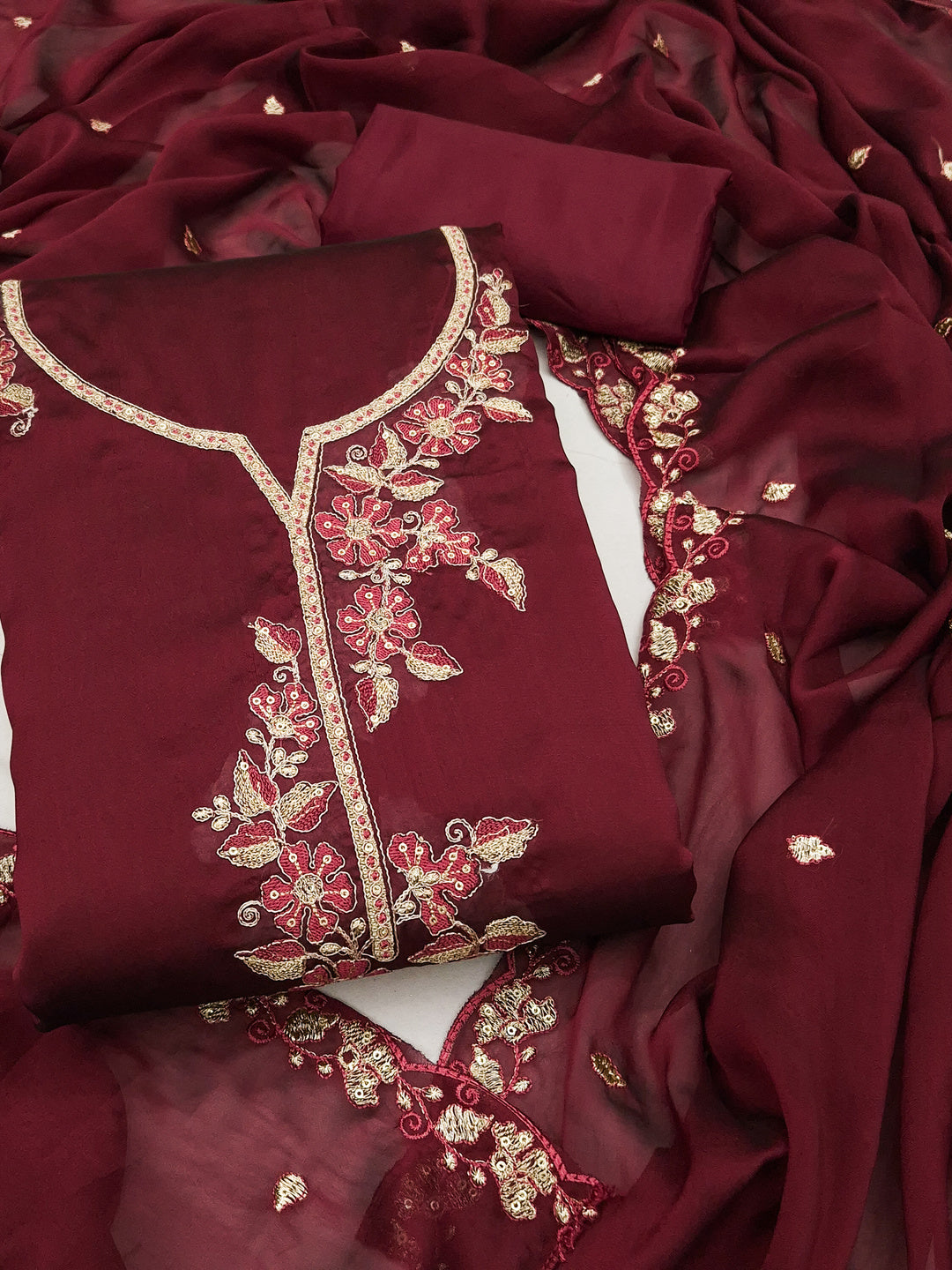 Peachmode Maroon Satin Floral Embroidered Unstitched Dress Material - Image 1