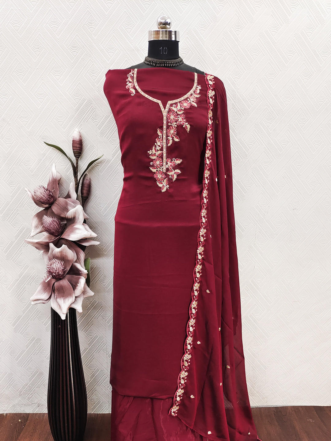 Peachmode Maroon Satin Floral Embroidered Unstitched Dress Material - Image 2