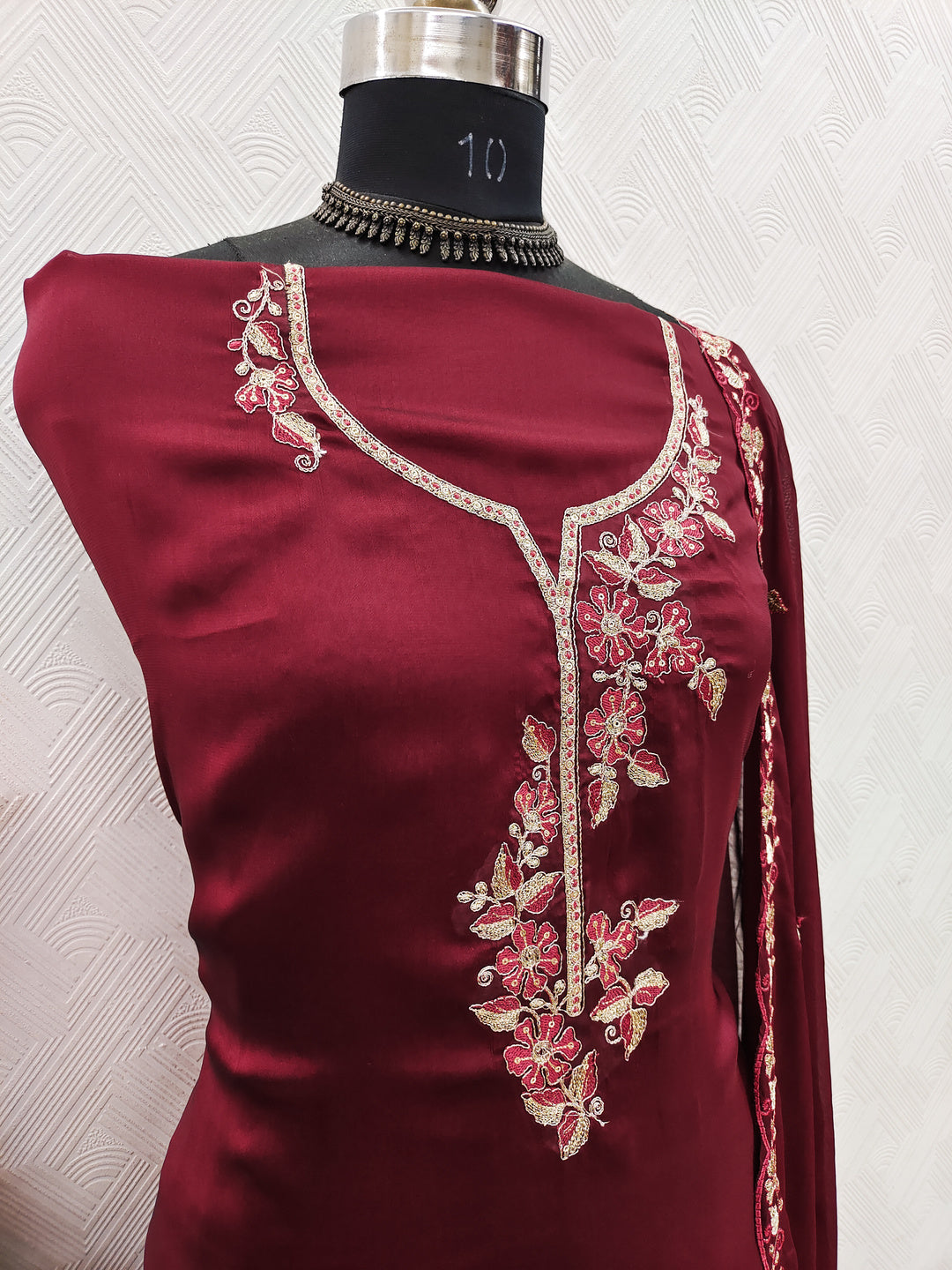 Peachmode Maroon Satin Floral Embroidered Unstitched Dress Material - Image 3