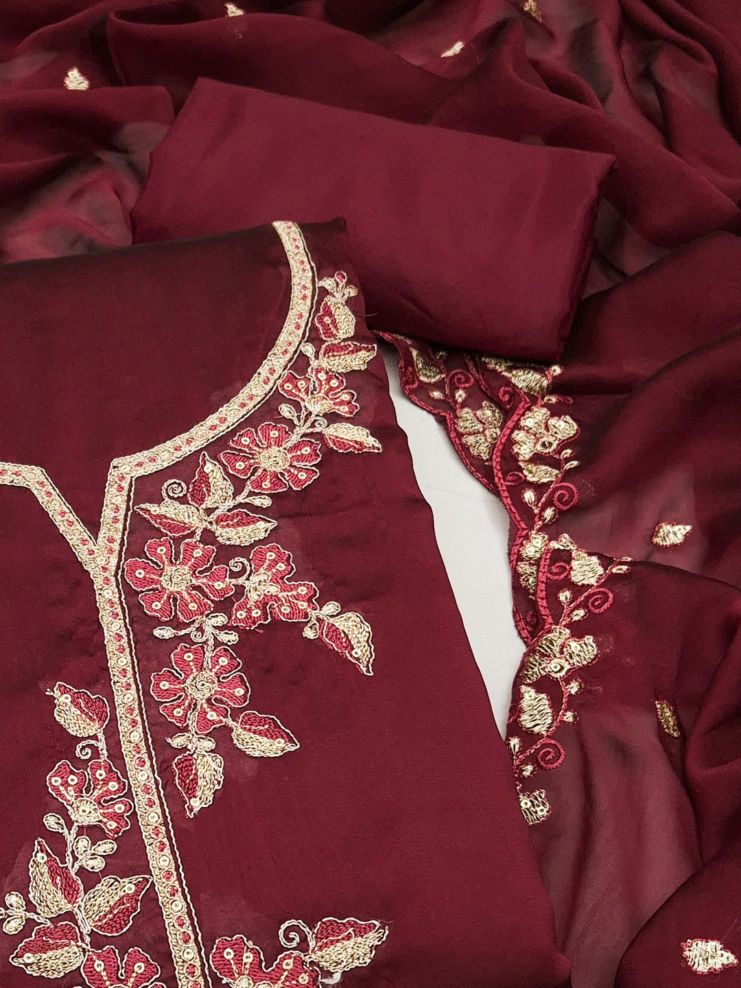 Peachmode Maroon Satin Floral Embroidered Unstitched Dress Material - Image 4