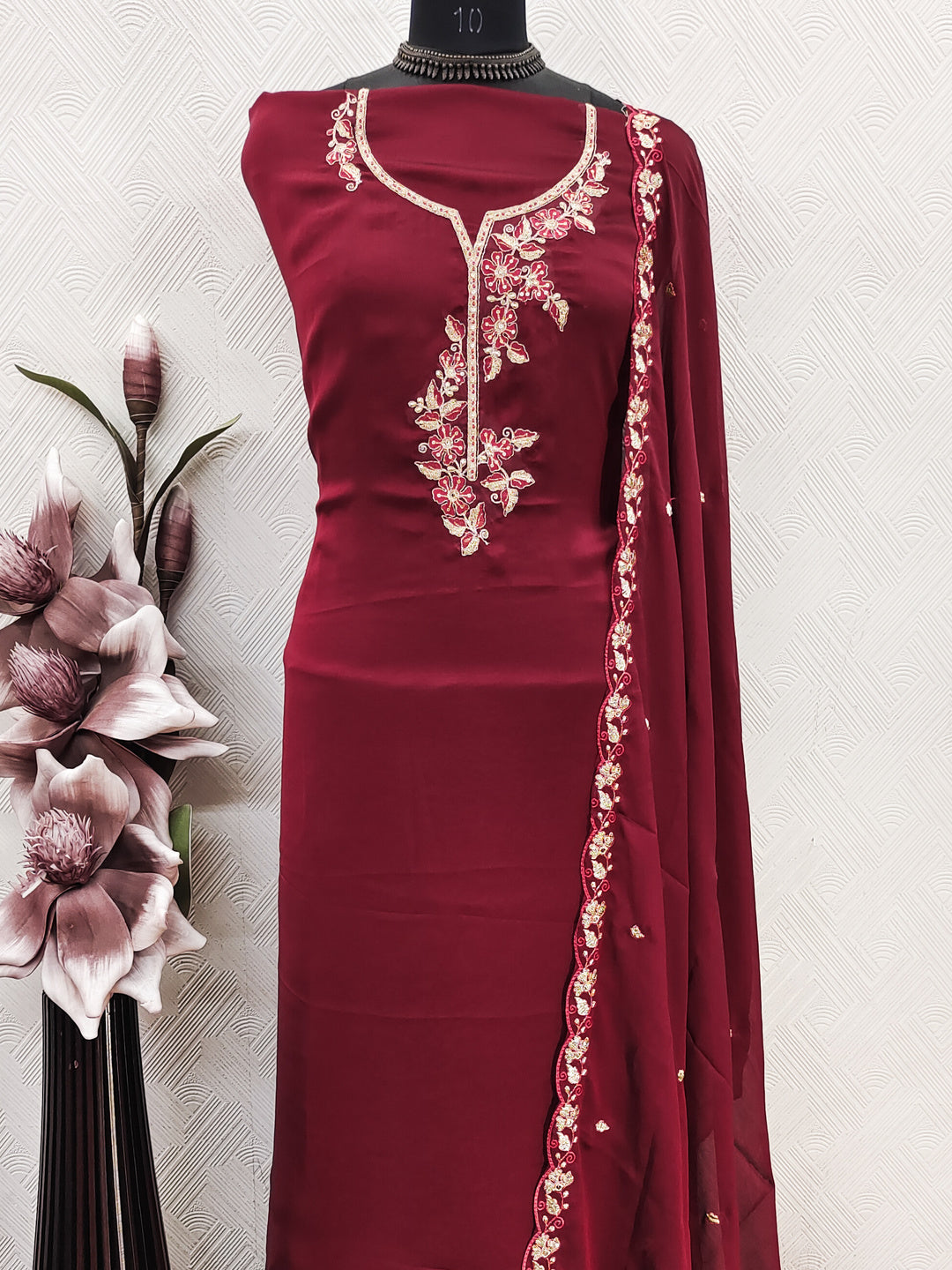 Peachmode Maroon Satin Floral Embroidered Unstitched Dress Material - Image 6