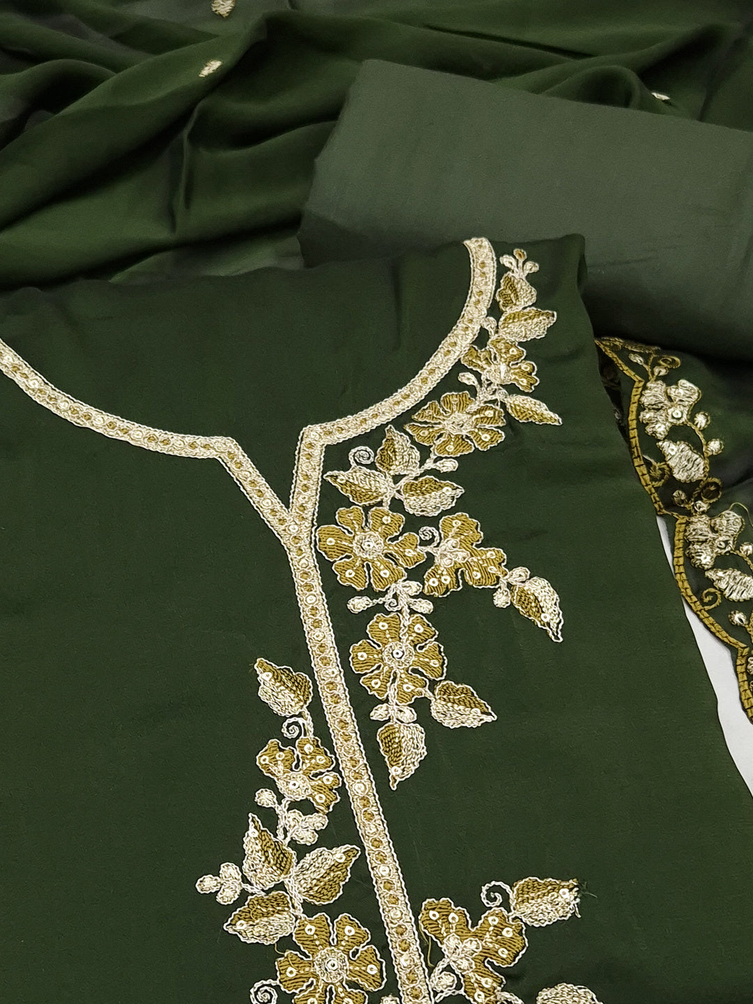 Peachmode Green Satin Floral Embroidered Unstitched Dress Material - Image 4