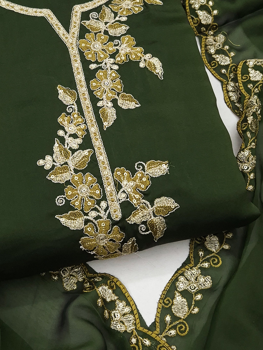 Peachmode Green Satin Floral Embroidered Unstitched Dress Material - Image 5