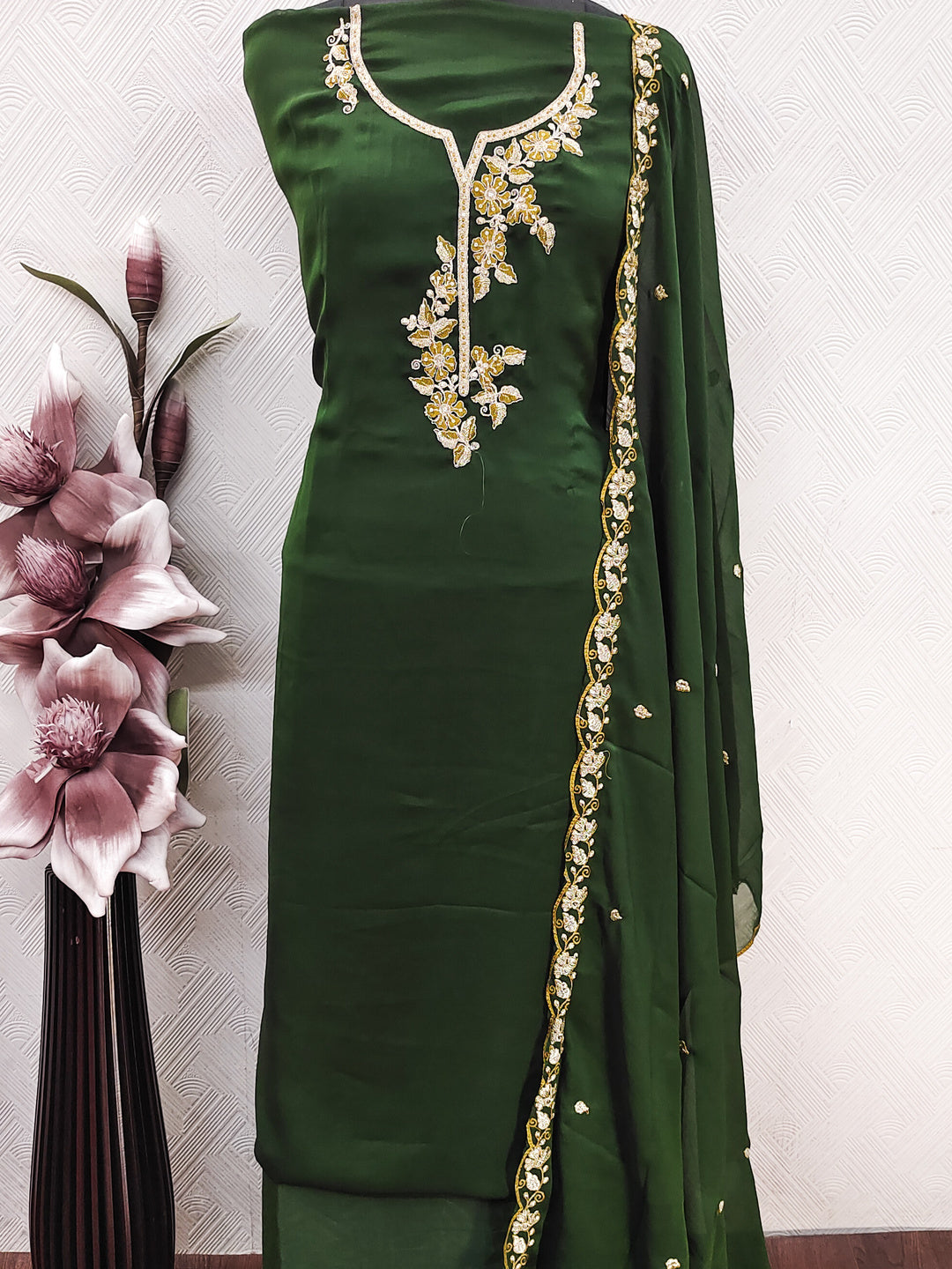 Peachmode Green Satin Floral Embroidered Unstitched Dress Material - Image 6