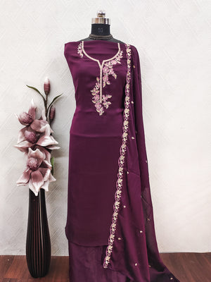 Peachmode Purple Satin Floral Embroidered Unstitched Dress Material - Image 2