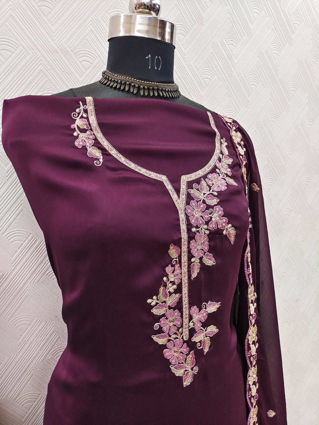 Peachmode Purple Satin Floral Embroidered Unstitched Dress Material - Image 3