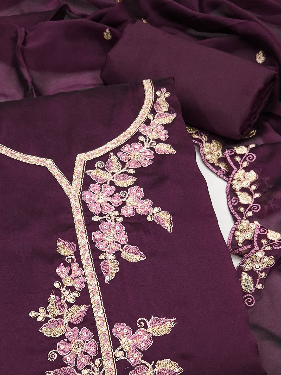 Peachmode Purple Satin Floral Embroidered Unstitched Dress Material - Image 4