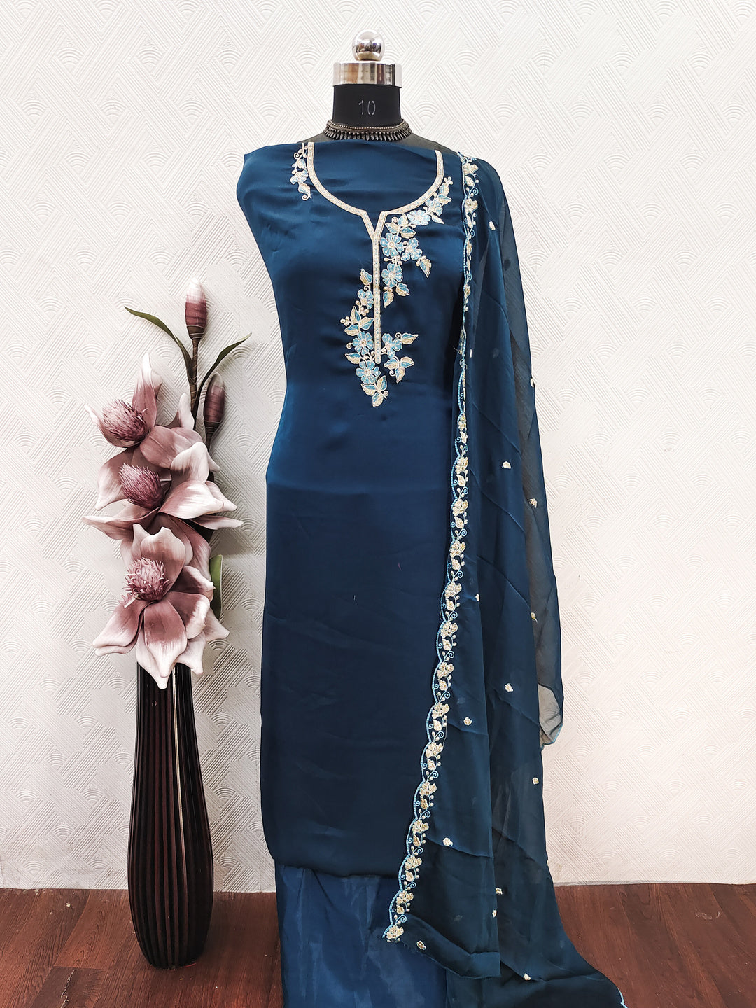 Peachmode Blue Satin Floral Embroidered Unstitched Dress Material - Image 2
