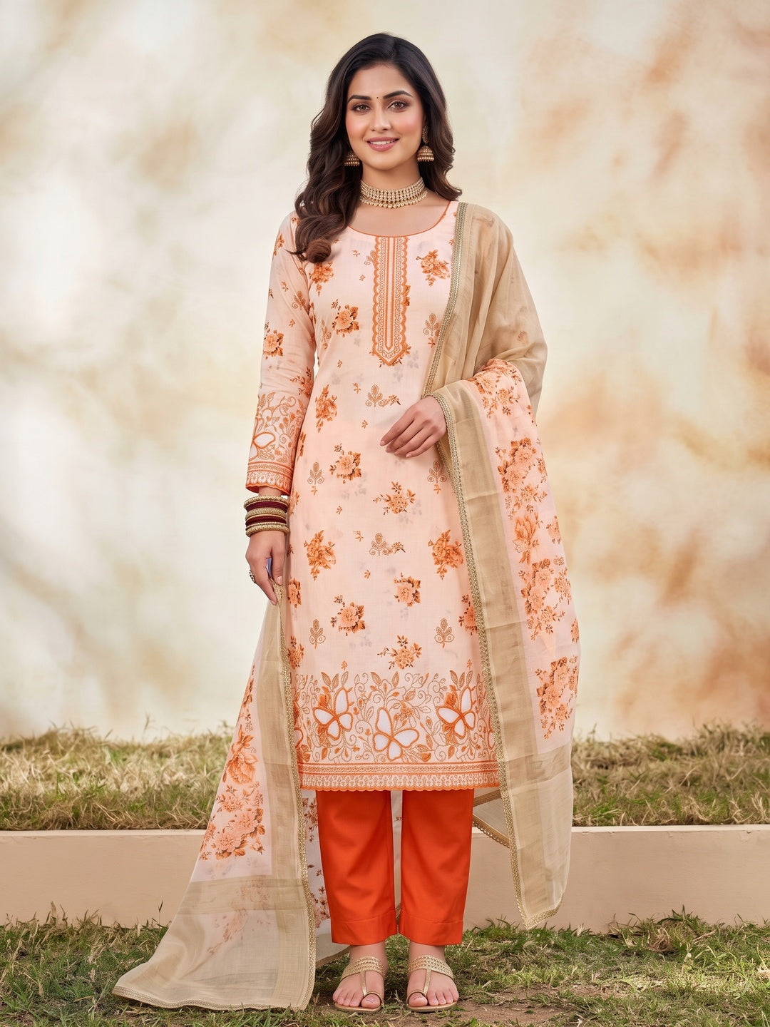 Peachmode Peach Unstitched Dress Material - Image 4