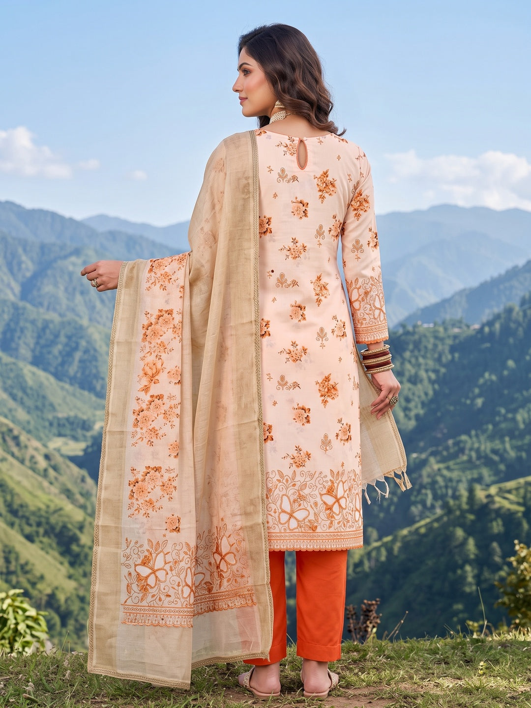 Peachmode Peach Unstitched Dress Material - Image 5