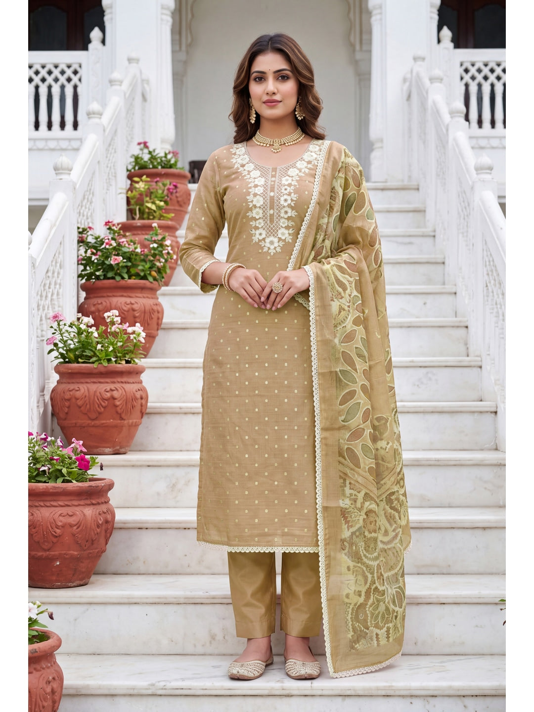 Peachmode Chikoo Unstitched Dress Material - Image 2