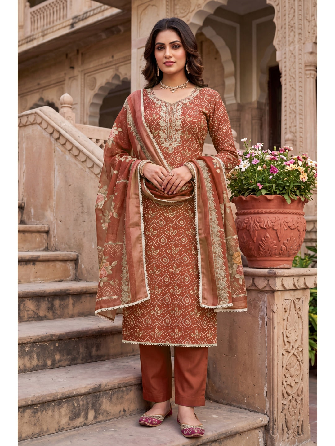 Peachmode Rust Unstitched Dress Material - Image 2