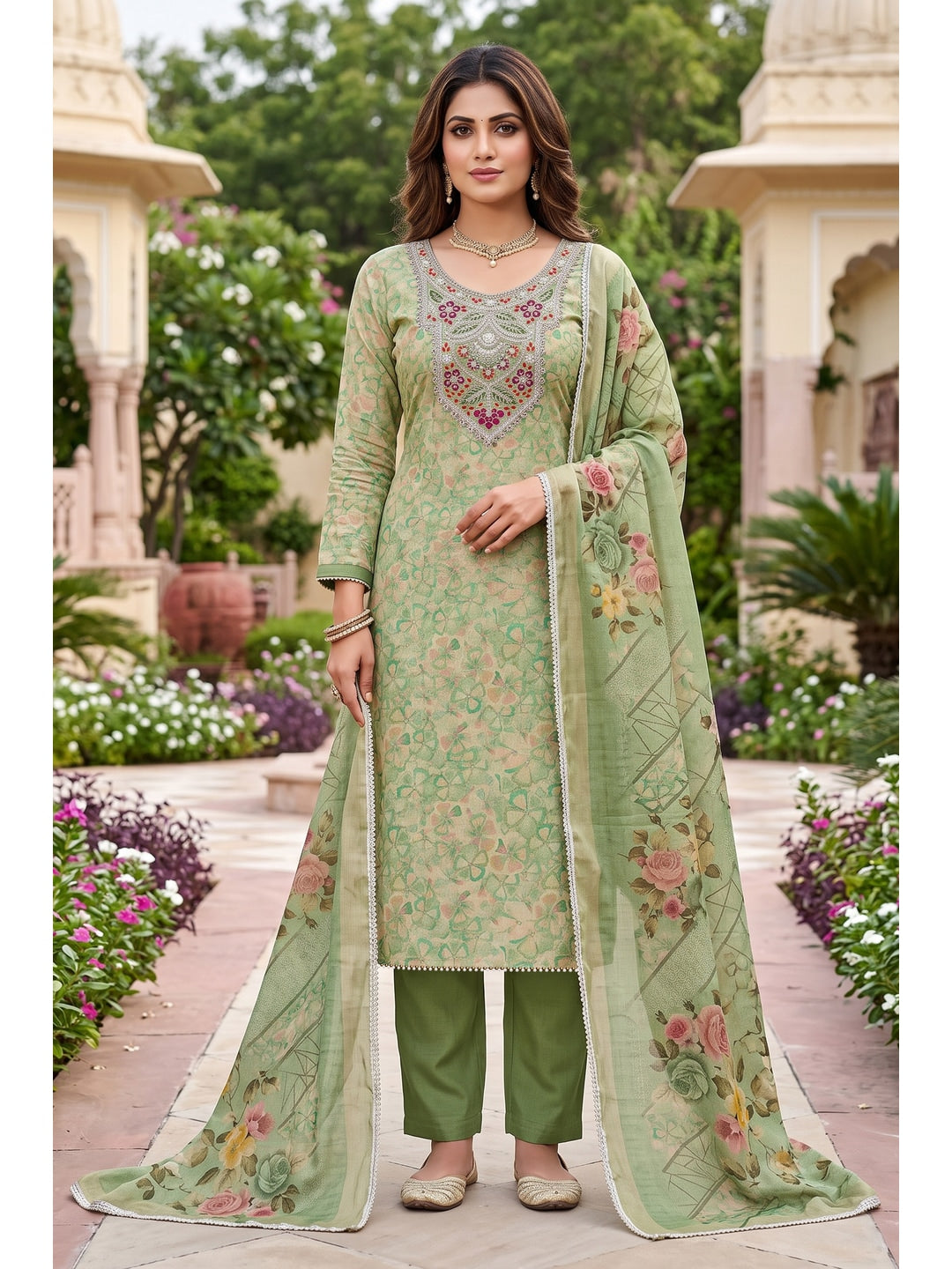 Peachmode Green Unstitched Dress Material - Image 2